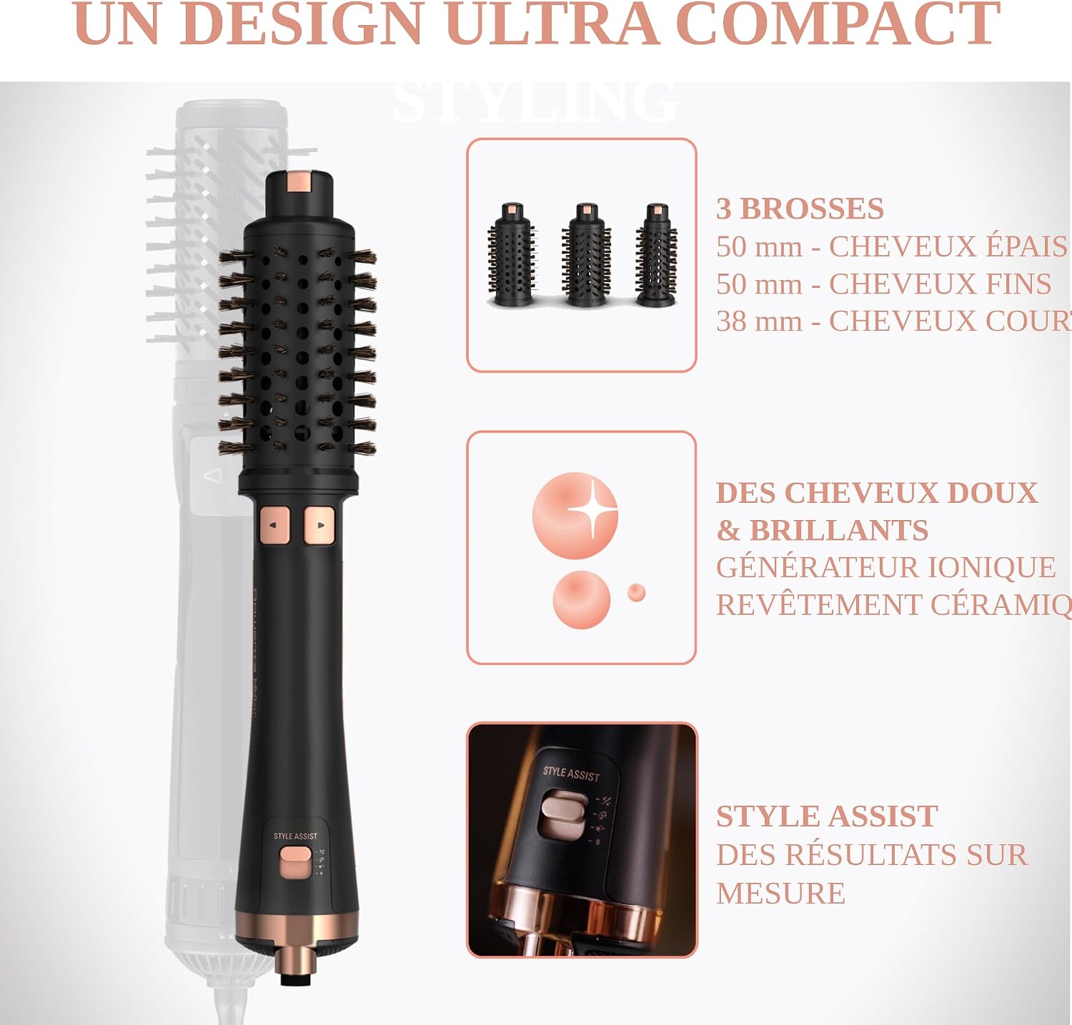 Detalle 2 de Rowenta Ultimate Experience CF9620F0 roterende haarborstel, 750 W, 3 borstels