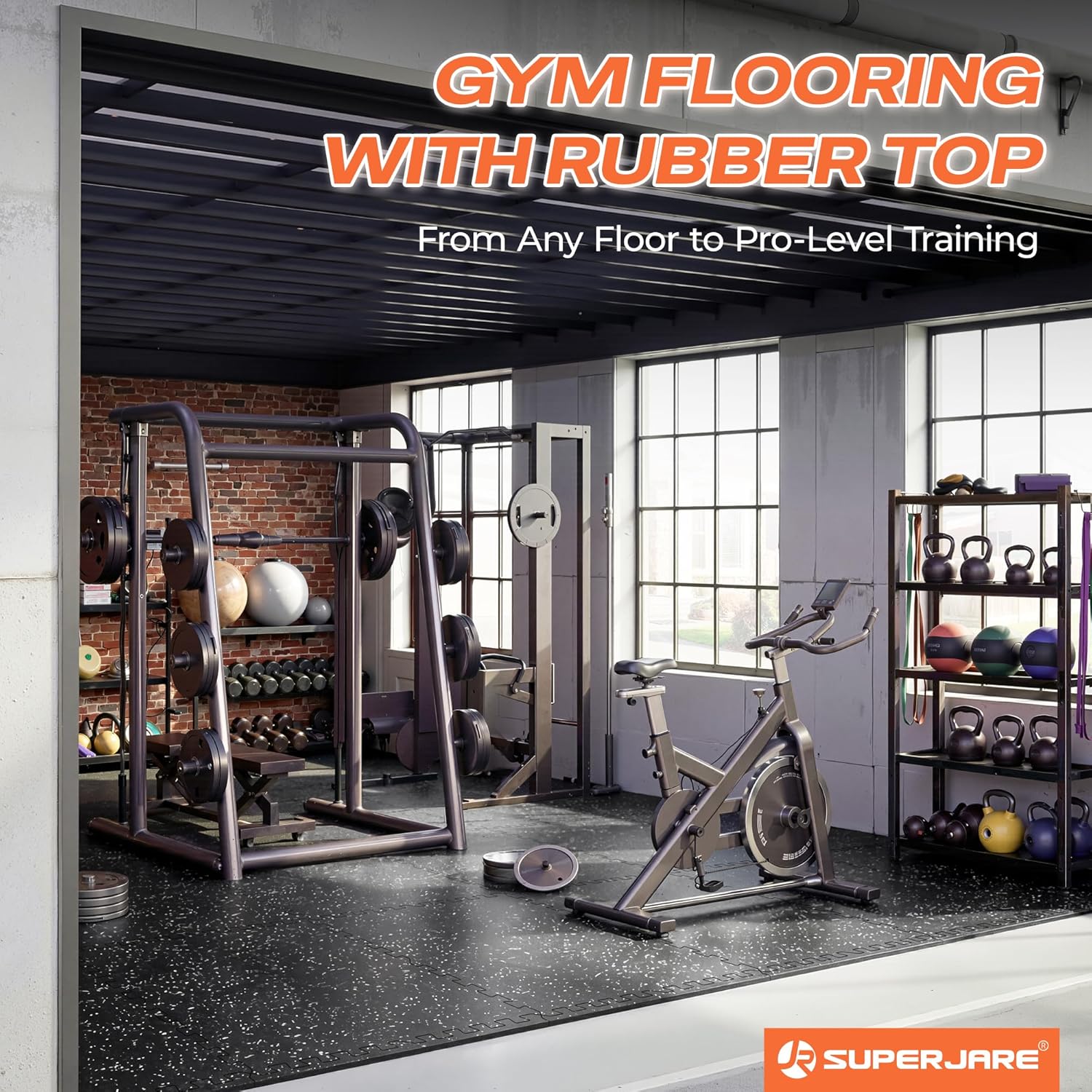 Detalle de SUPERJARE 30" x 30" Larger Rubber Top Exercise Equipment Mats (12 pcs, 75 sq ft) – 0.56" Thick EVA Foam Interlocking Gym Flooring