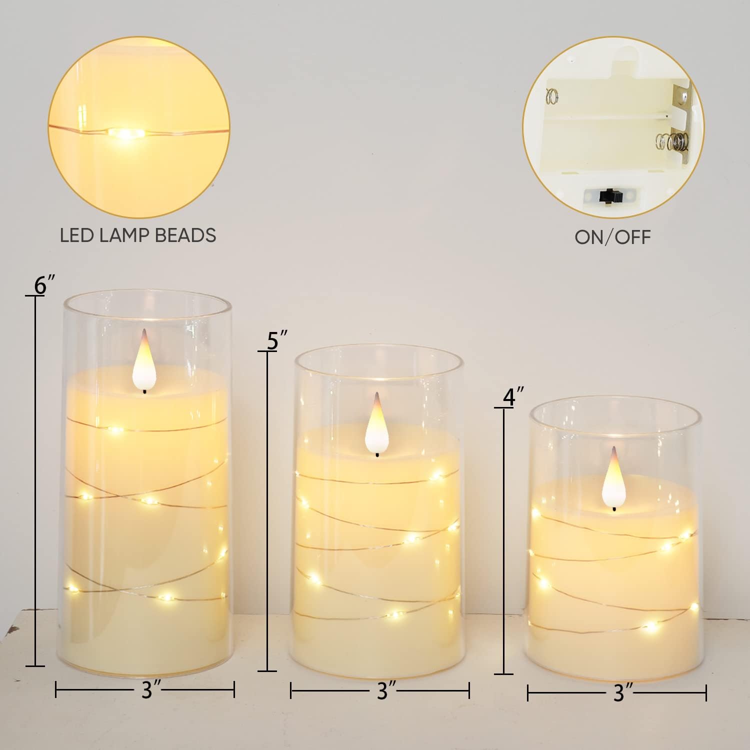 Thumbnail 5 de Homemory Ivory White Flameless Candles with 3D Flame and Fairy Lights (Set of 3)