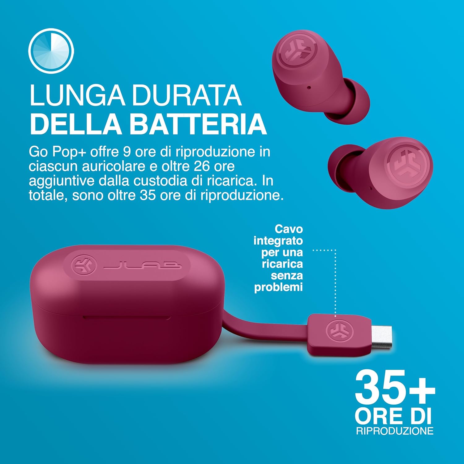 Thumbnail 5 de JLab Go Air Pop+: cuffie Bluetooth in ear compatte con 35 ore di autonomia, Rosa Scuro