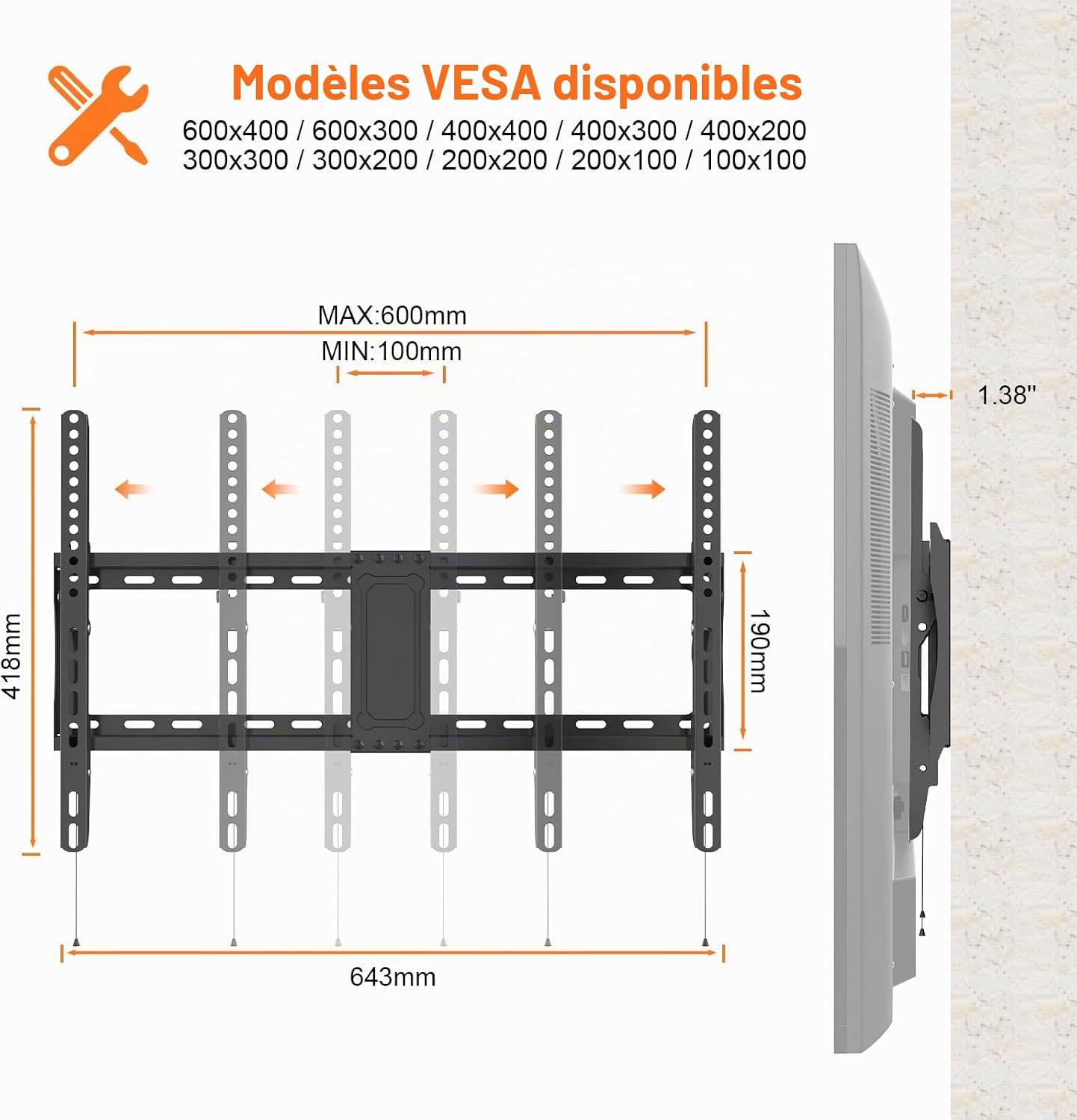 Thumbnail 3 de GRIFEMA Support mural inclinable pour TV 37–82 pouces — robustesse jusqu’à 60 kg et compatibilité VESA 75×75 à 600×400