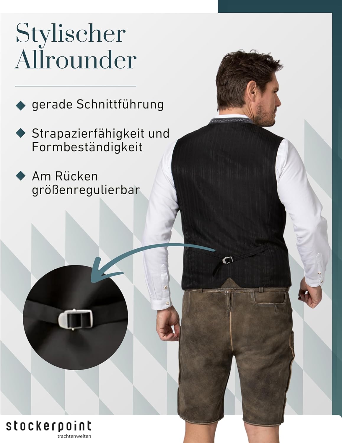 Detalle 2 de Stockerpoint Herren Trachtenweste Fabricio aus Lodenstoff – mit verstellbarem Rückenriegel (1er Pack)