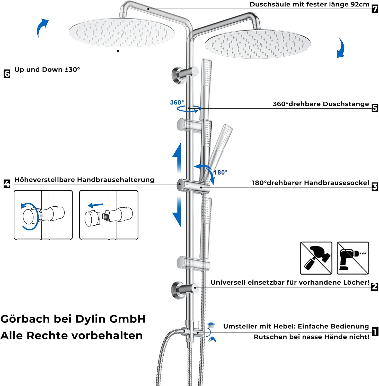 Detalle de Görbach Colonna Doccia in Acciaio Inox Senza Miscelatore, 92 cm, Soffione Vapore 25 cm e Doccetta a Mano