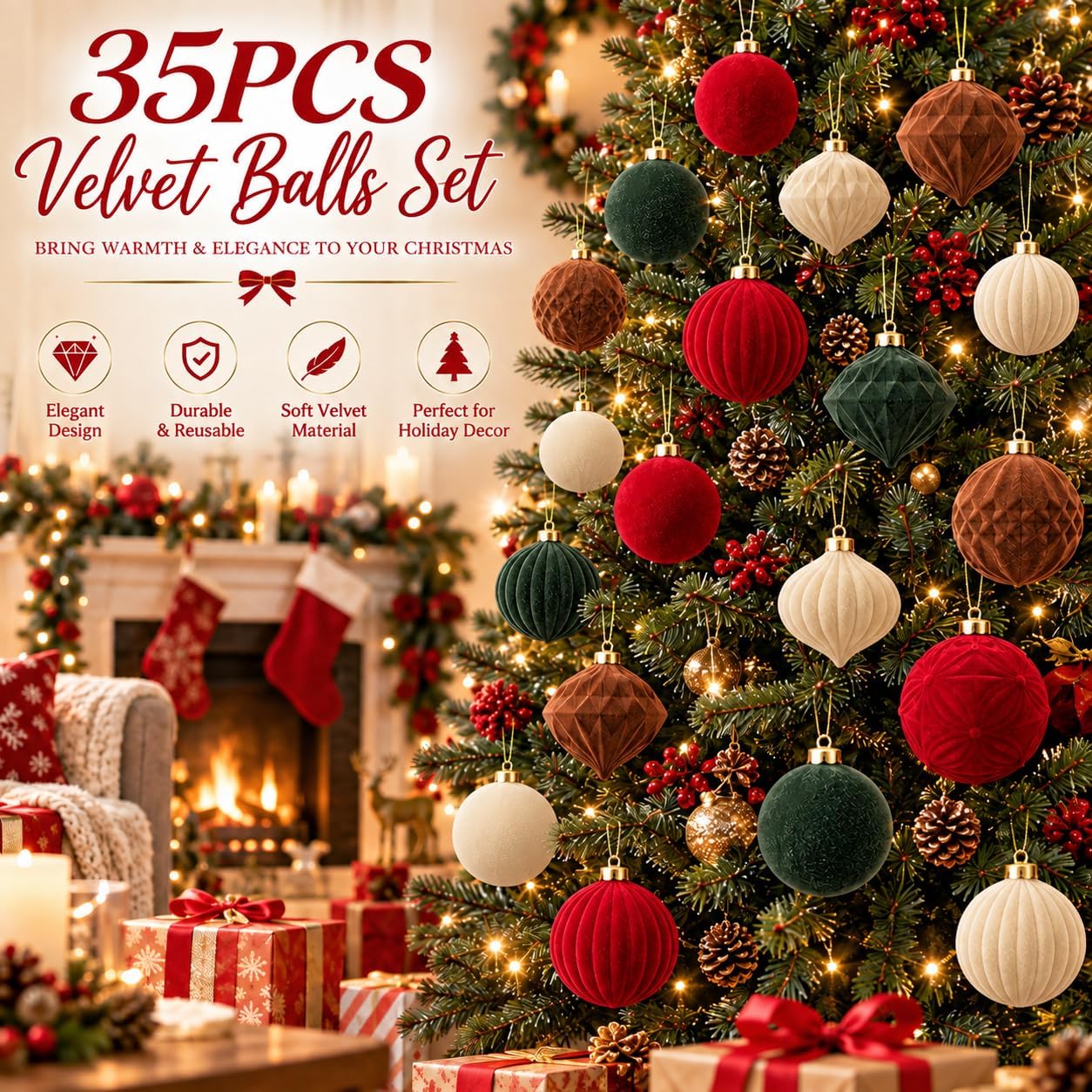 Detalle 2 de Velvet Christmas Ball Ornaments, 35-Piece Set