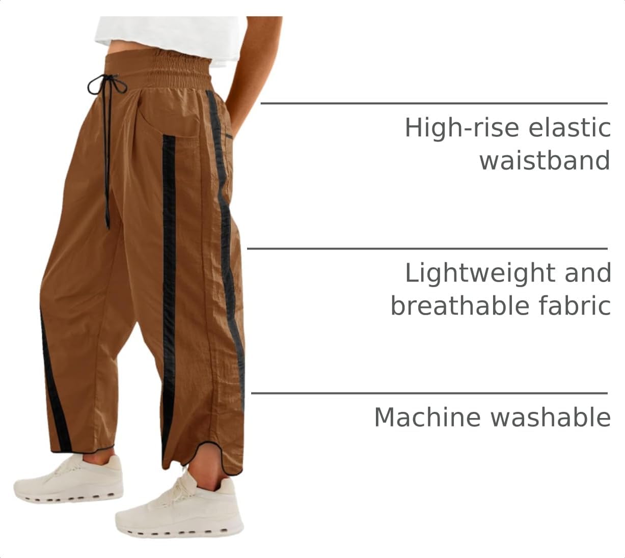 Detalle de Fisoew Women's Baggy Wide Leg Pants - Casual Drawstring, 7/8 Length, Polyamide Track Pants
