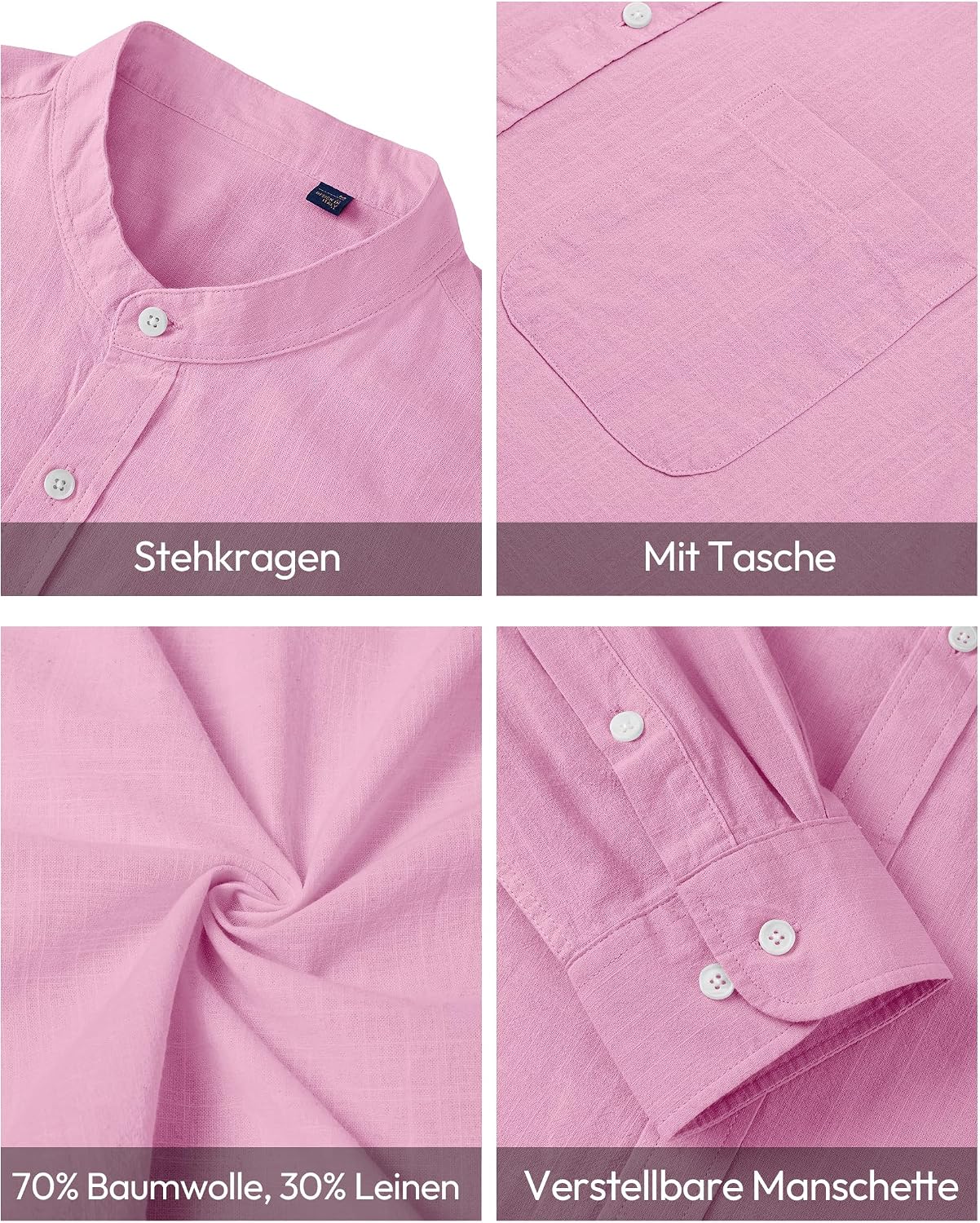 Detalle de siliteelon Leinenhemd Herren Langarm mit Stehkragen – Regular Fit, Baumwolle/Leinen