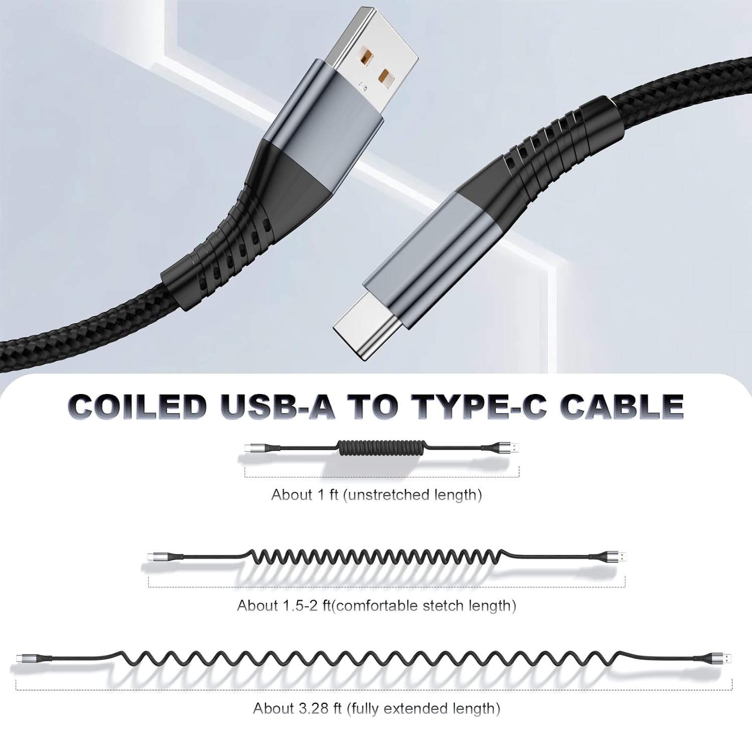 Thumbnail 1 de FOXSEA 2-Pack Coiled USB-C Cable for iPhone 17/16/15 All Series – 1ft to 3.28ft, USB-A to USB-C, Braided Fast Charging Cord