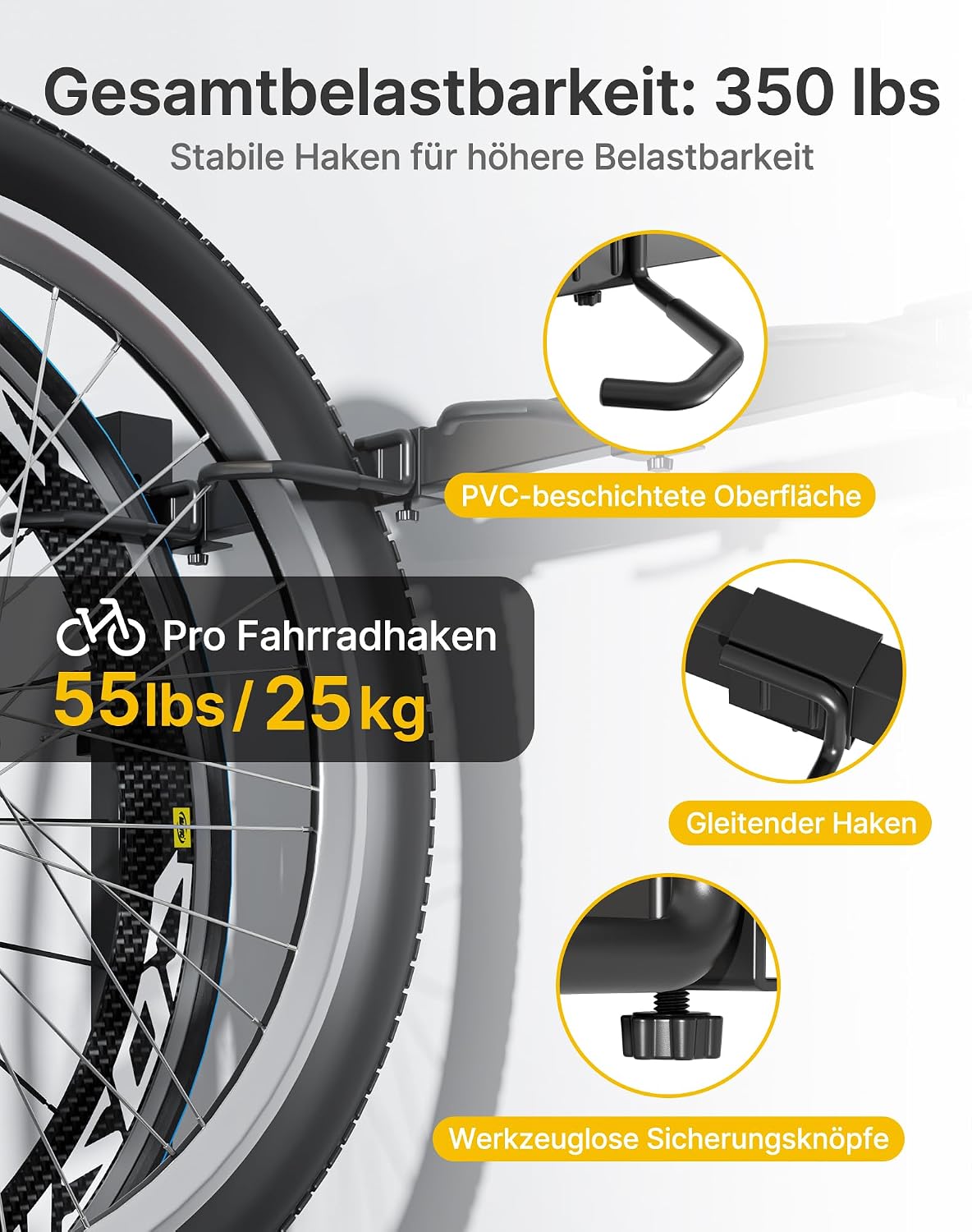 Detalle de monTEK freistehender Fahrradständer für 5 Fahrräder mit 5 verschiebbaren Haken & 6 Helmhaken – Schwerlast (160 kg)