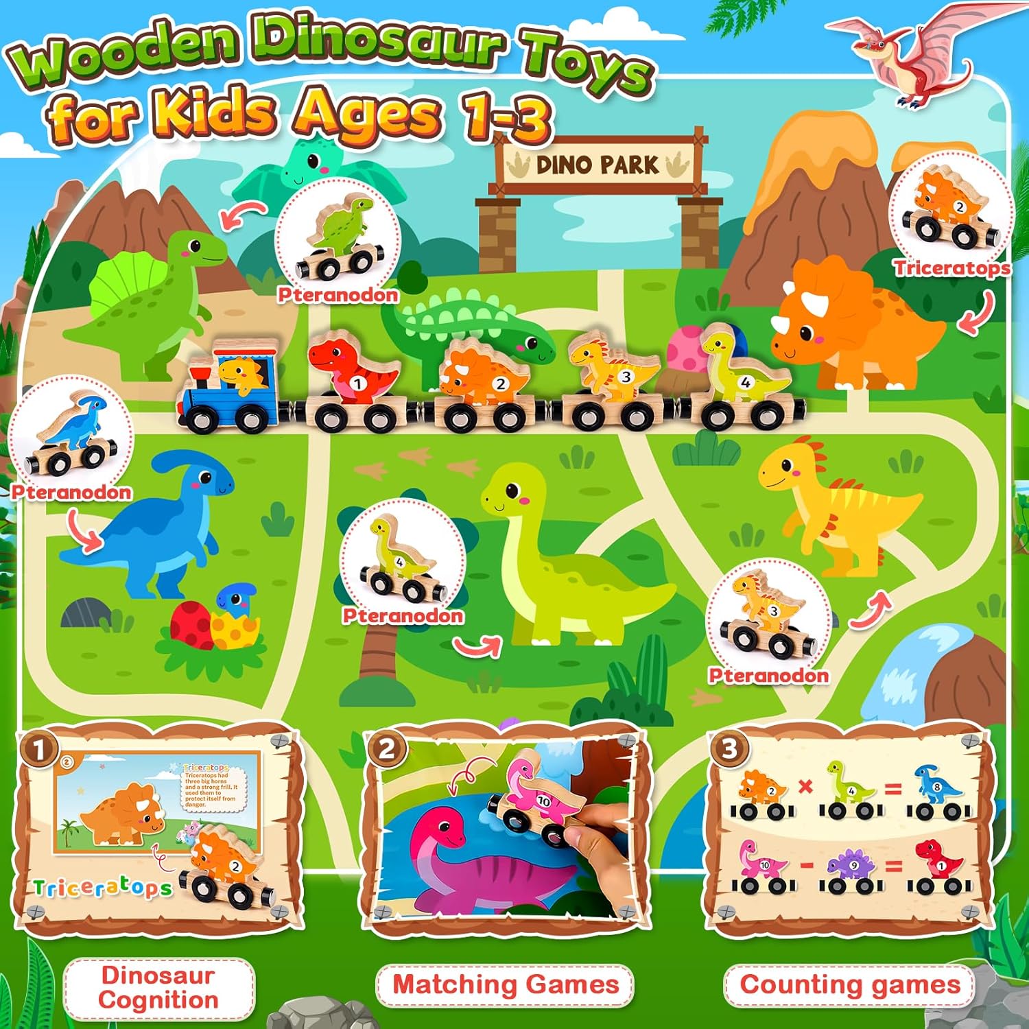 Detalle de Toddler Wooden Magnetic Dinosaur Train Set (11 cars) for ages 1–3