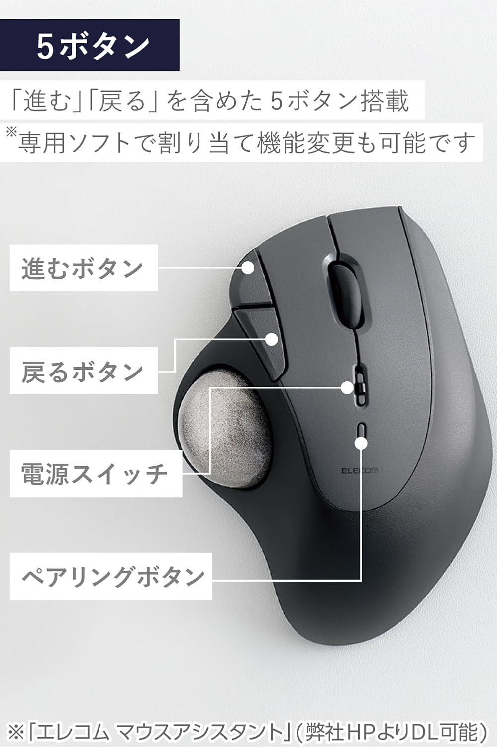 Detalle 2 de エレコム IST M-IT10BRABK ワイヤレストラックボール、親指操作・5ボタン・人工ルビー支持