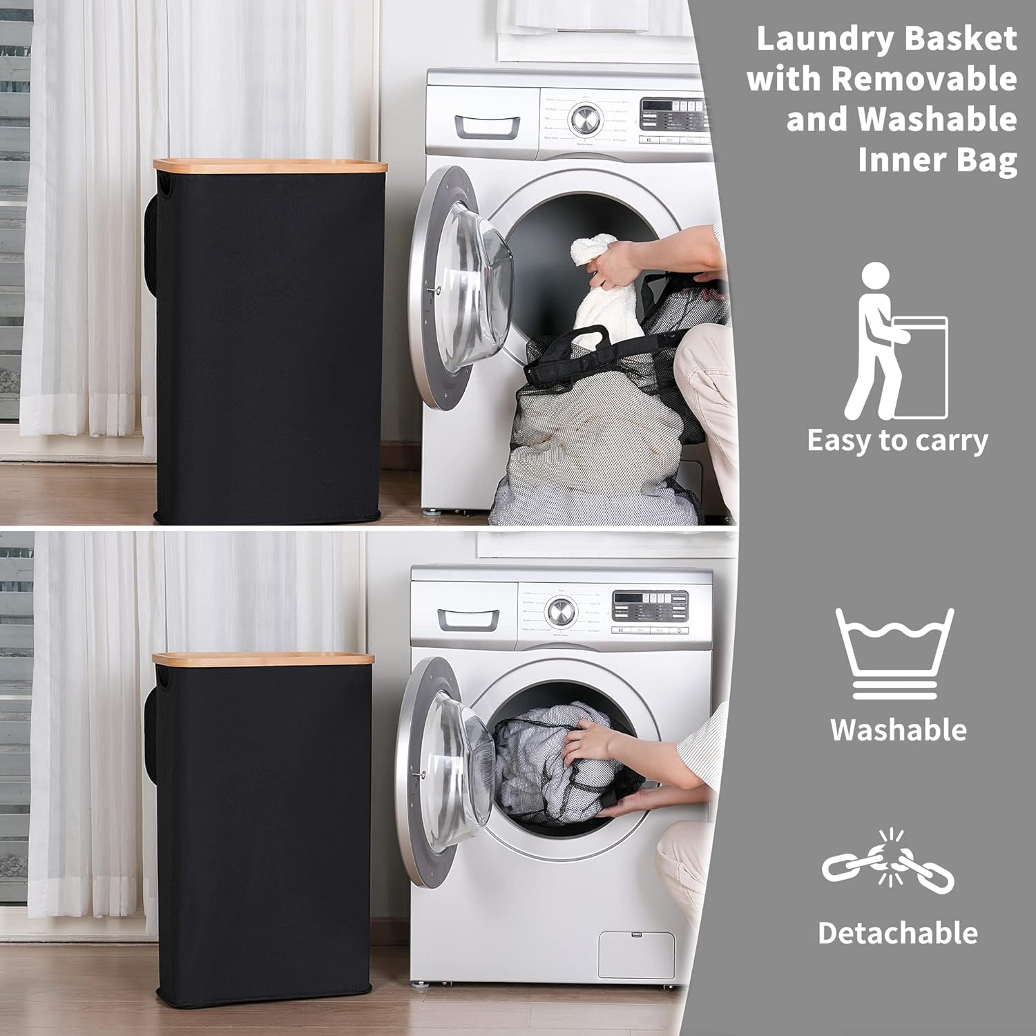 Detalle 1 de iEGrow 60L black laundry hamper, slim fabric basket with bamboo handles