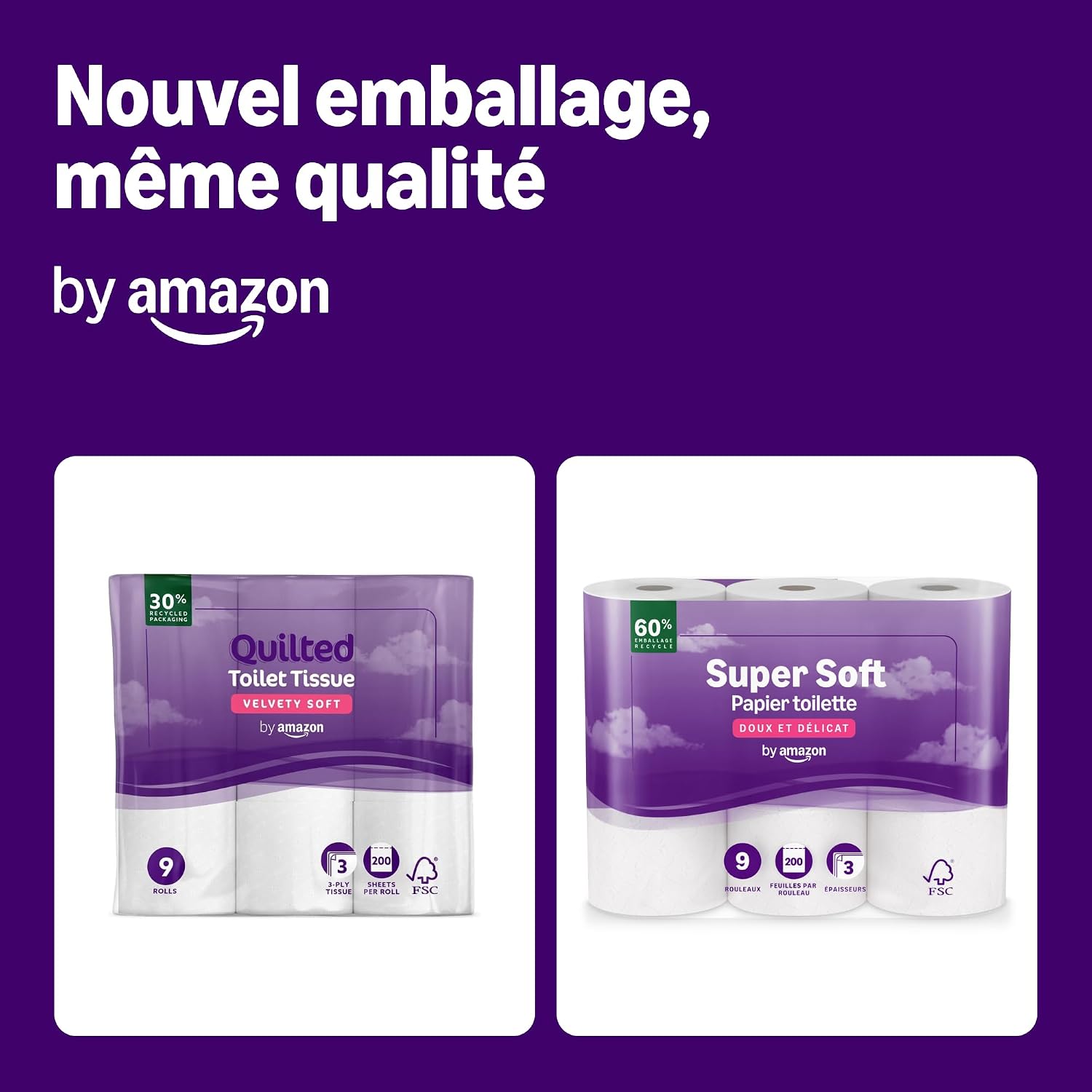 Detalle de By Amazon Papier Toilette 3 Épaisseurs Matelassé – 9 Rouleaux, FSC, Doux et Soyeux