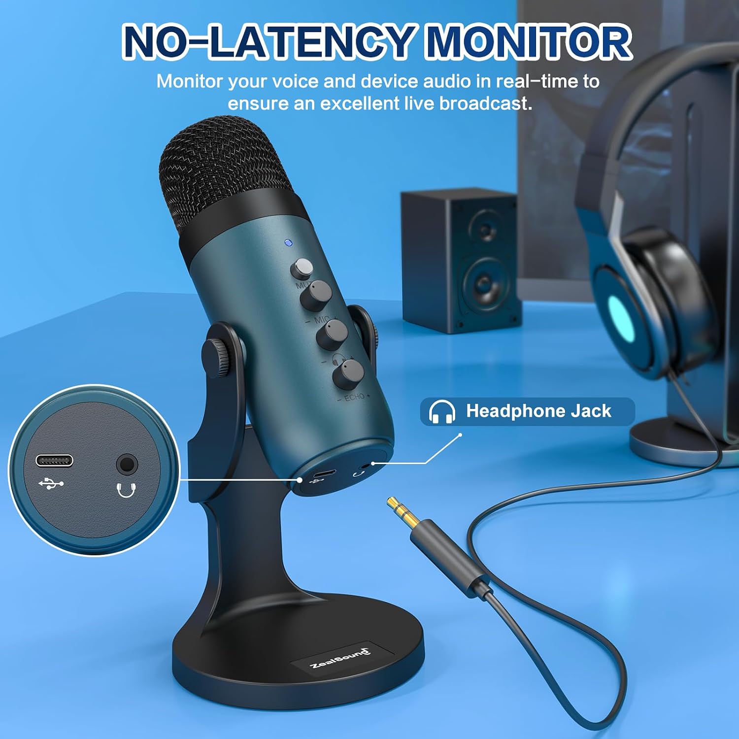 Detalle 2 de ZealSound K66 USB Condenser Microphone, Teal, with Monitoring and Echo Control