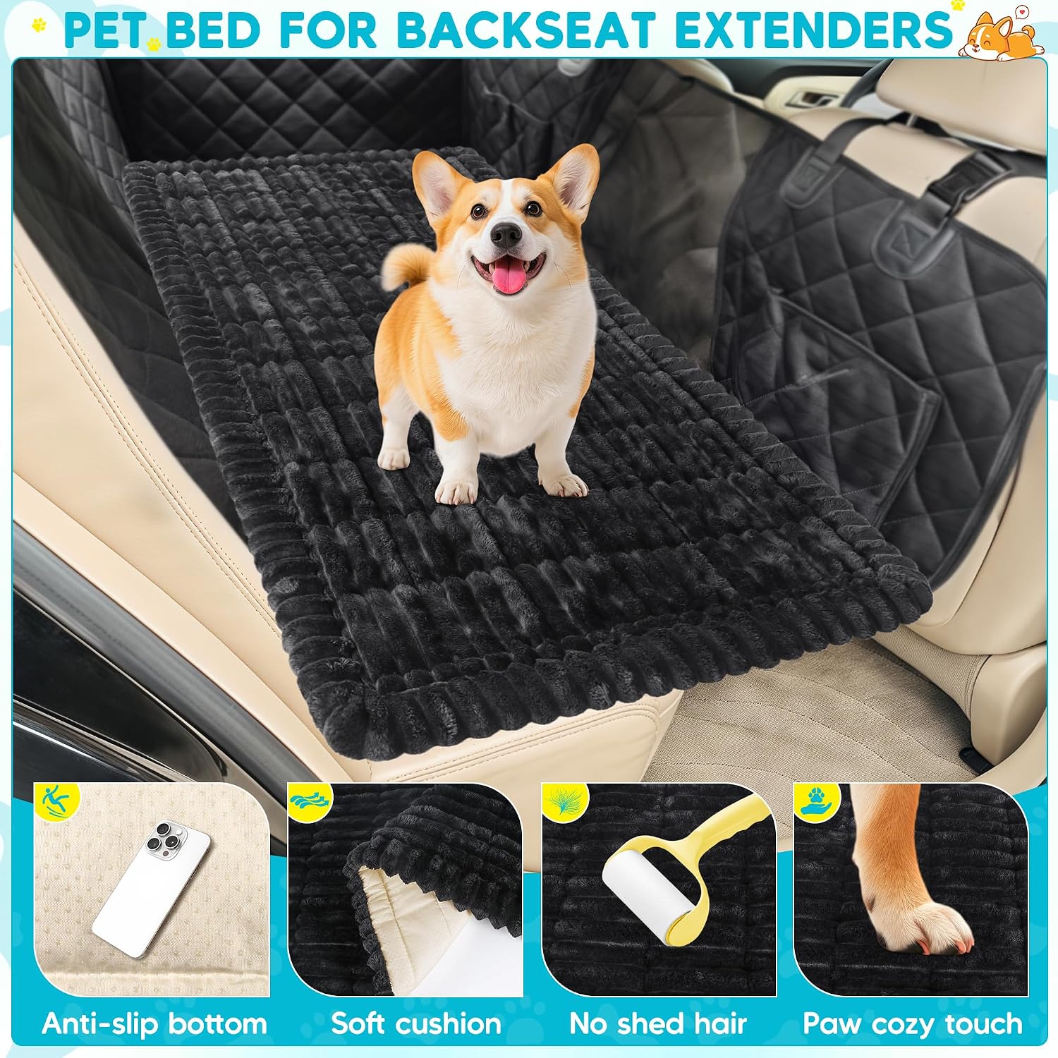 Detalle de Loiion Hundematte Auto Rückbank – Weiche Hundedecke 127 × 62,5 × 2,5 cm, Schwarz