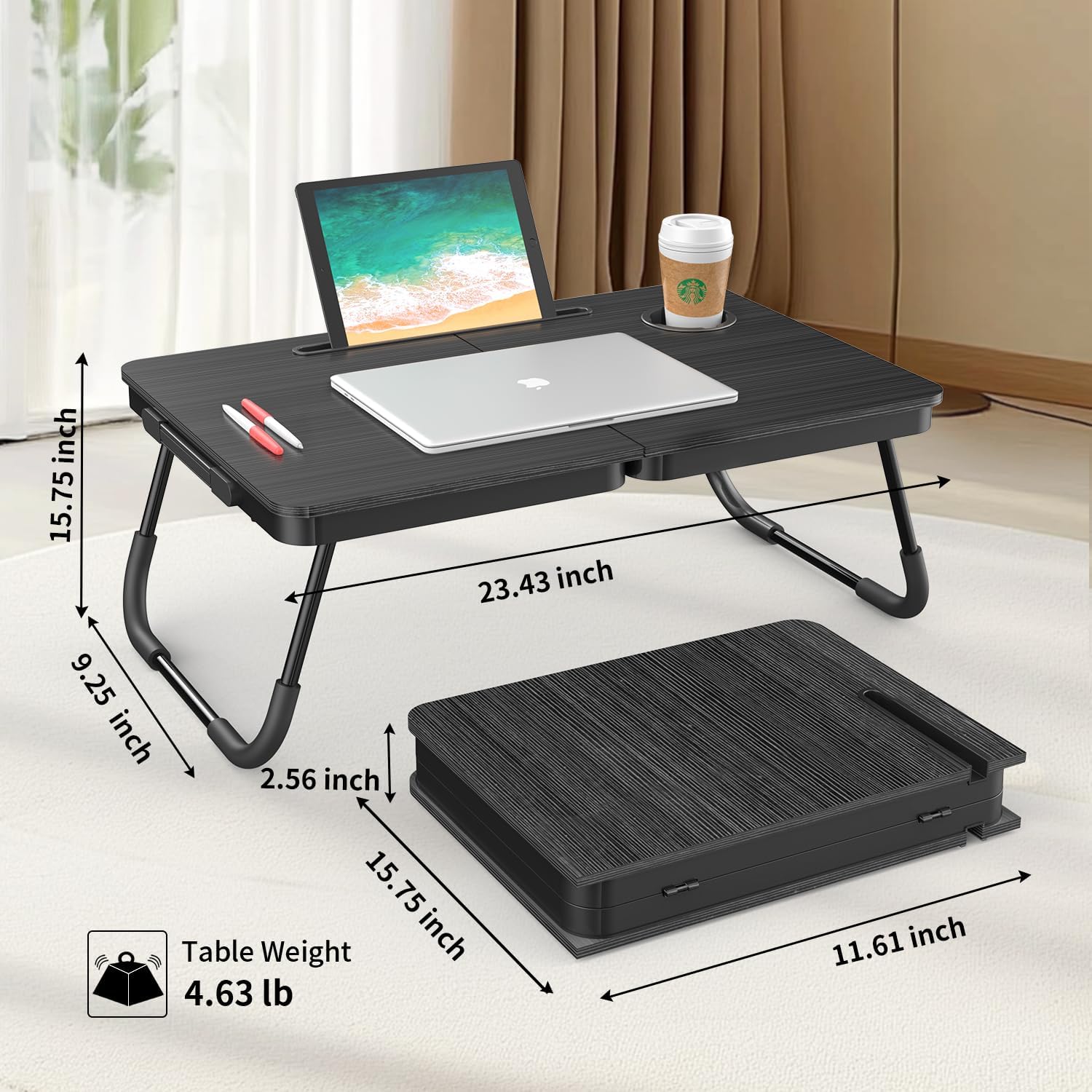 Detalle de BUYIFY Foldable Laptop Desk for Bed and Couch with Cup and Phone Holders