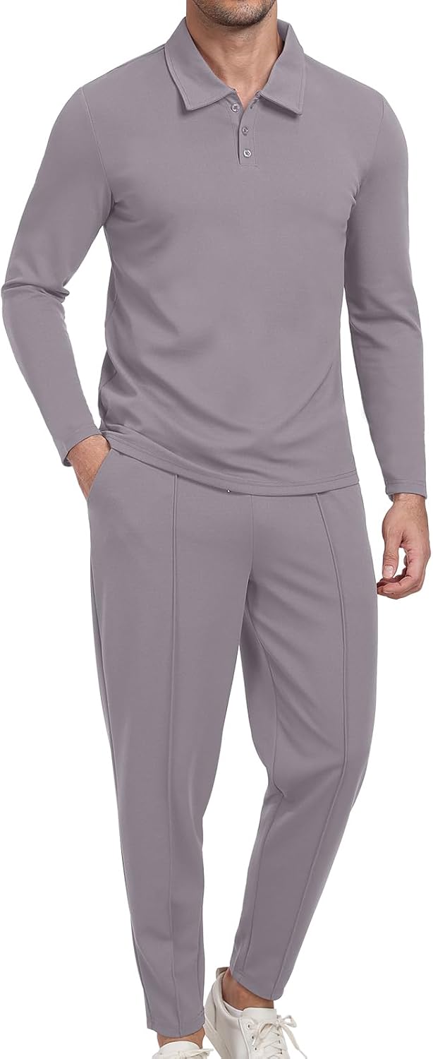 Detalle de KUYIGO Men's Tracksuits Polo 2 Piece Outfit – Polo neck, waffle knit, 2-piece tracksuit