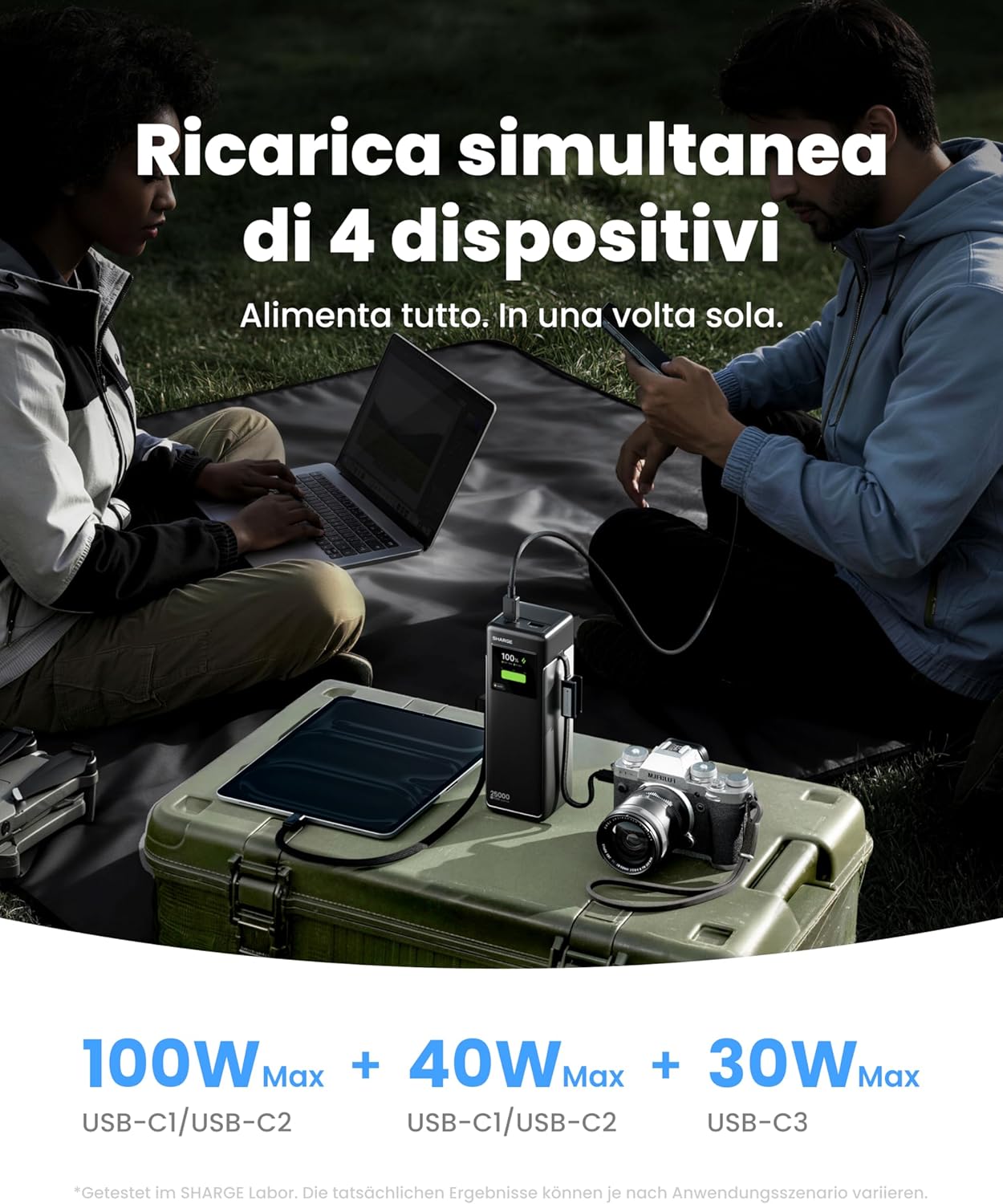 Detalle de SHARGE Power Bank Portatile HyperTower 170W: Batteria da 25000mAh con 4 uscite indipendenti e cavi USB-C integrati