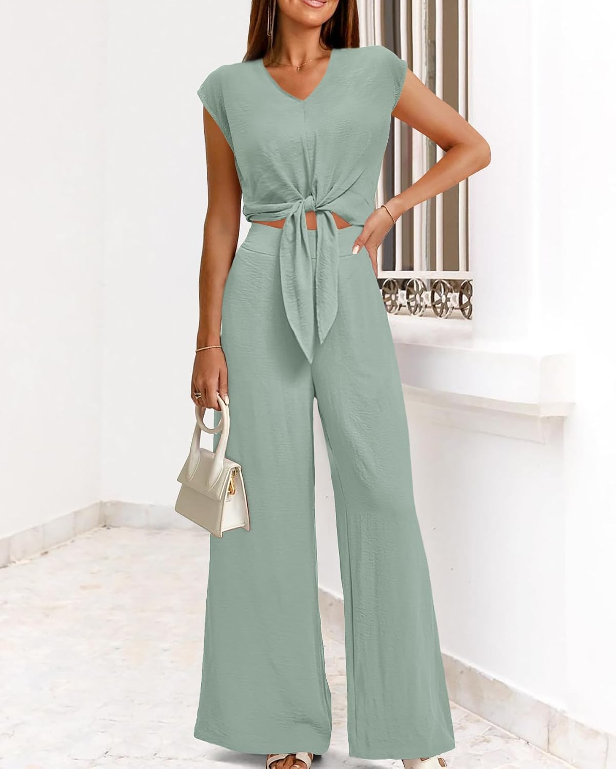 Thumbnail 6 de PRETTYGARDEN Women’s Summer 2-Piece Outfit Set (Cap Sleeve V-Neck Crop Top & Wide-Leg Pants)