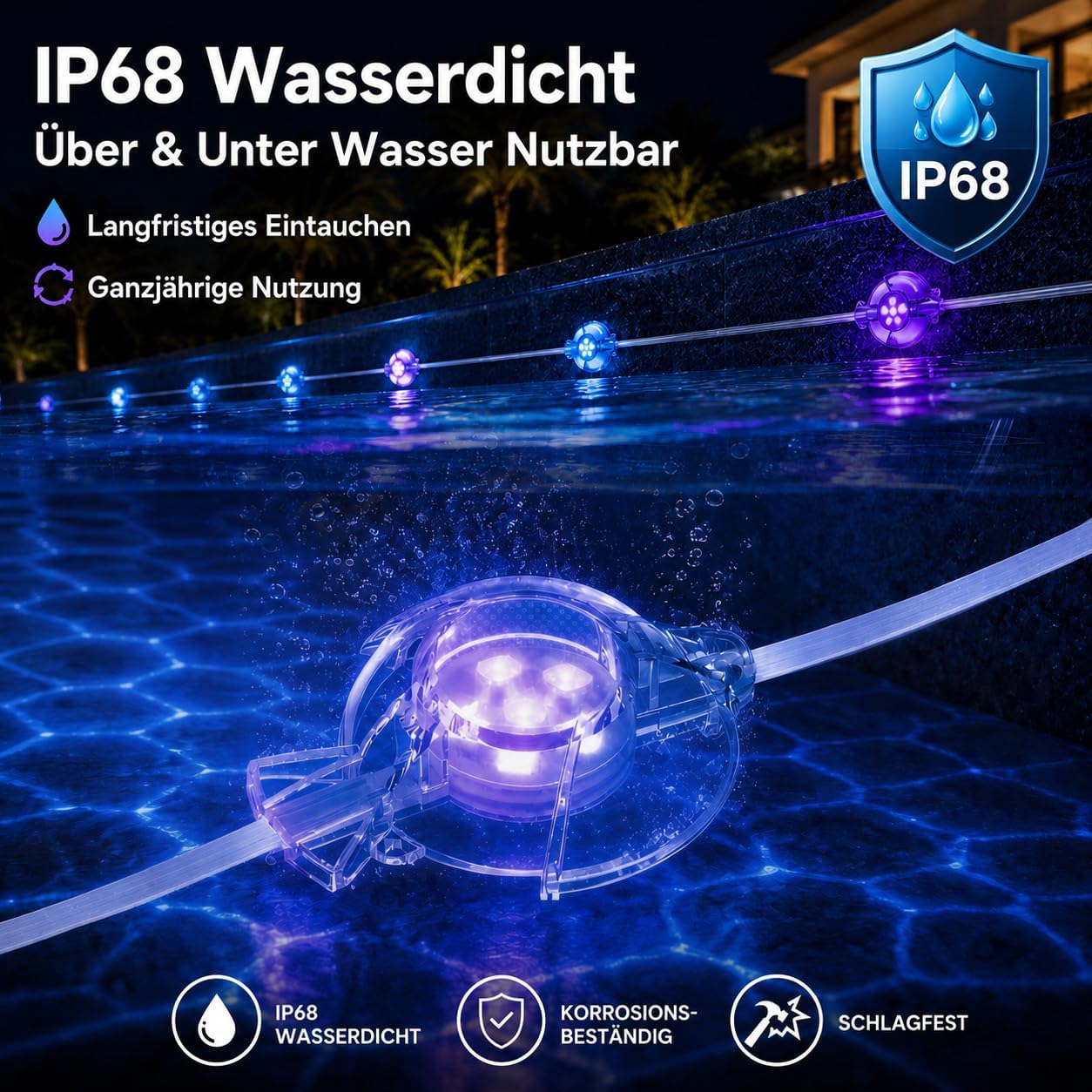 Detalle de SOIARLLT 8-in-1 Poolbeleuchtungssystem – 15 m, RGB+IC, 24V, IP68