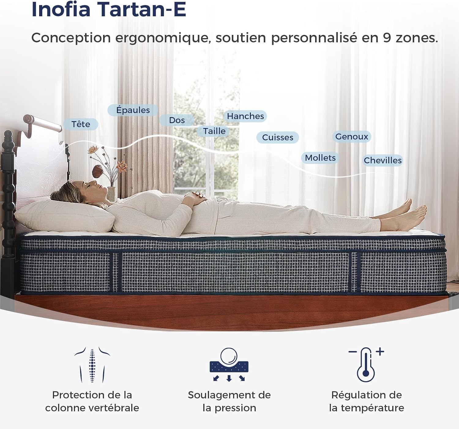Detalle 2 de Matelas Inofia Tartan-E 140x190 à ressorts ensachés 7 zones, gel HermoReg et housse VitaFlow 28 cm