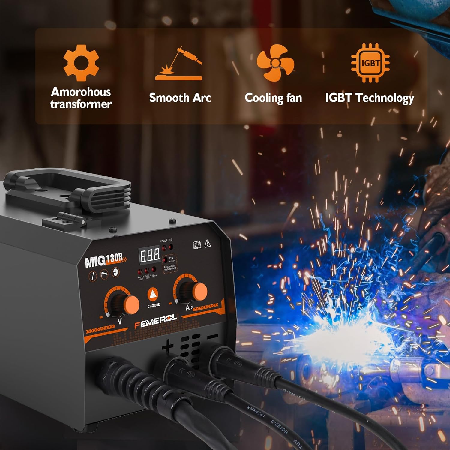 Detalle 2 de FEMEROL MIG Welder 130A 2-in-1 Flux Core / Stick Welder (110V) — Portable, Synergic MIG Inverter