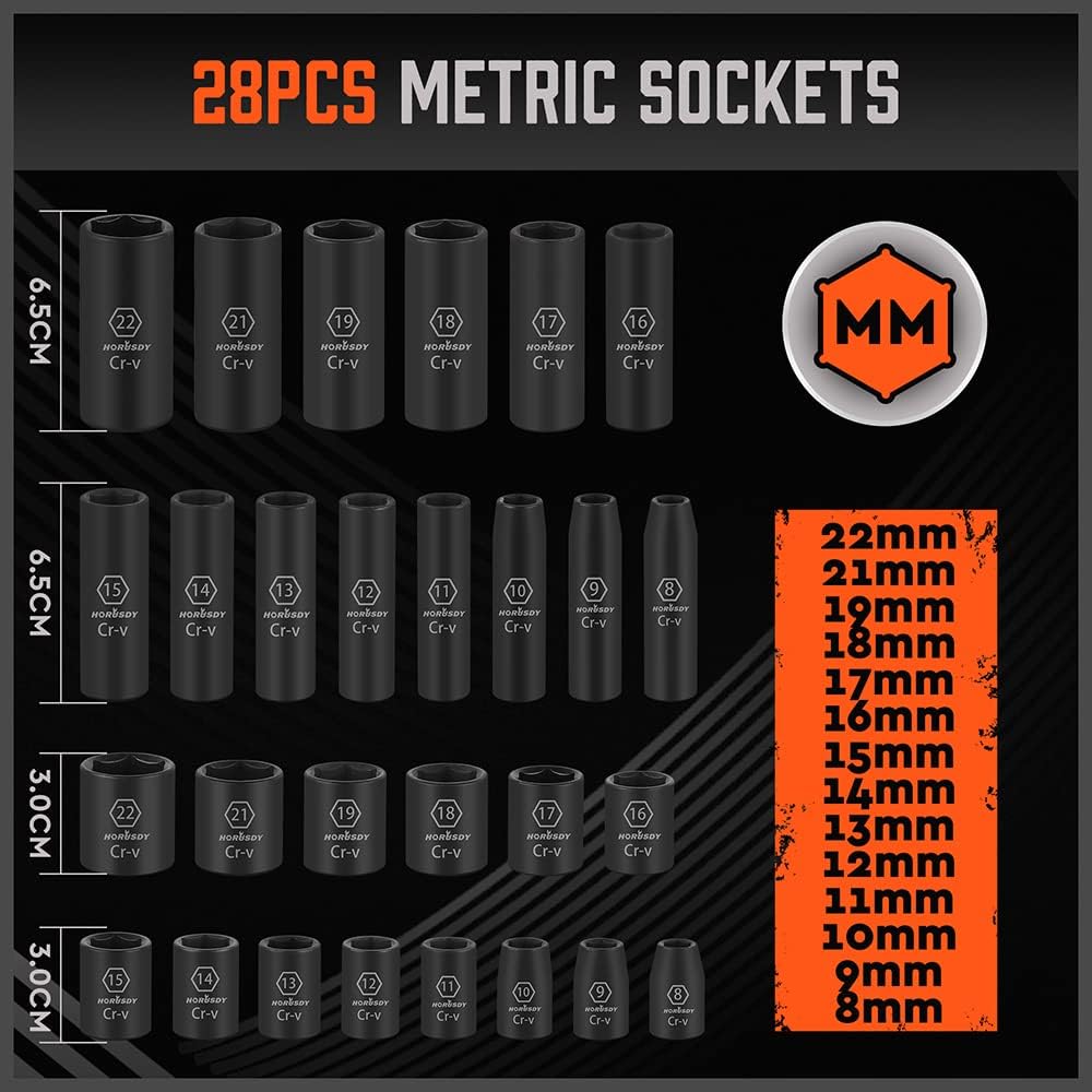 Detalle de HORUSDY HORUSDY-38-SAE-METRIC-50PC 3/8-Inch Drive Impact Socket Set, SAE and Metric