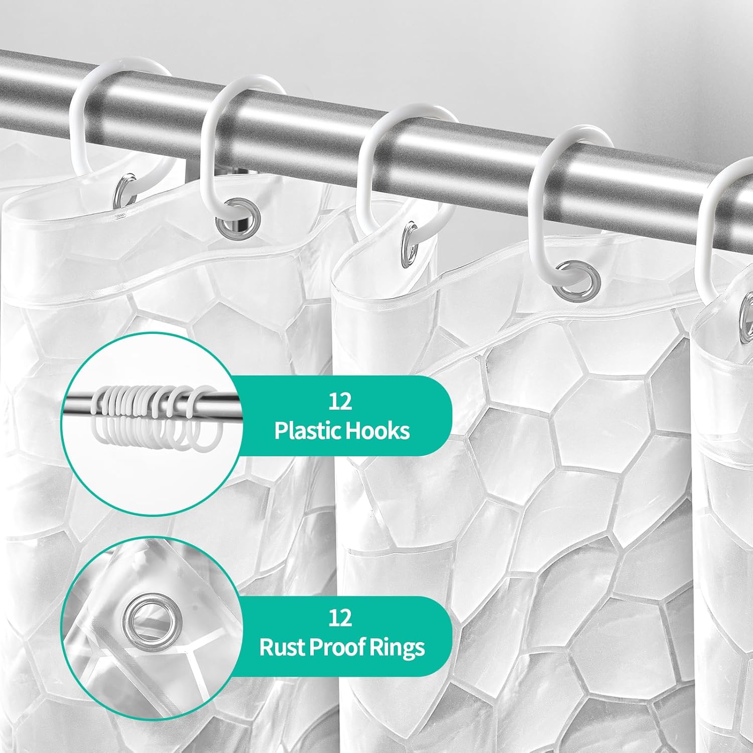 Detalle de OTraki Clear Shower Curtain 180 x 180 cm: Extra Long 3D Design, Anti-Mould, Waterproof with 12 Hooks
