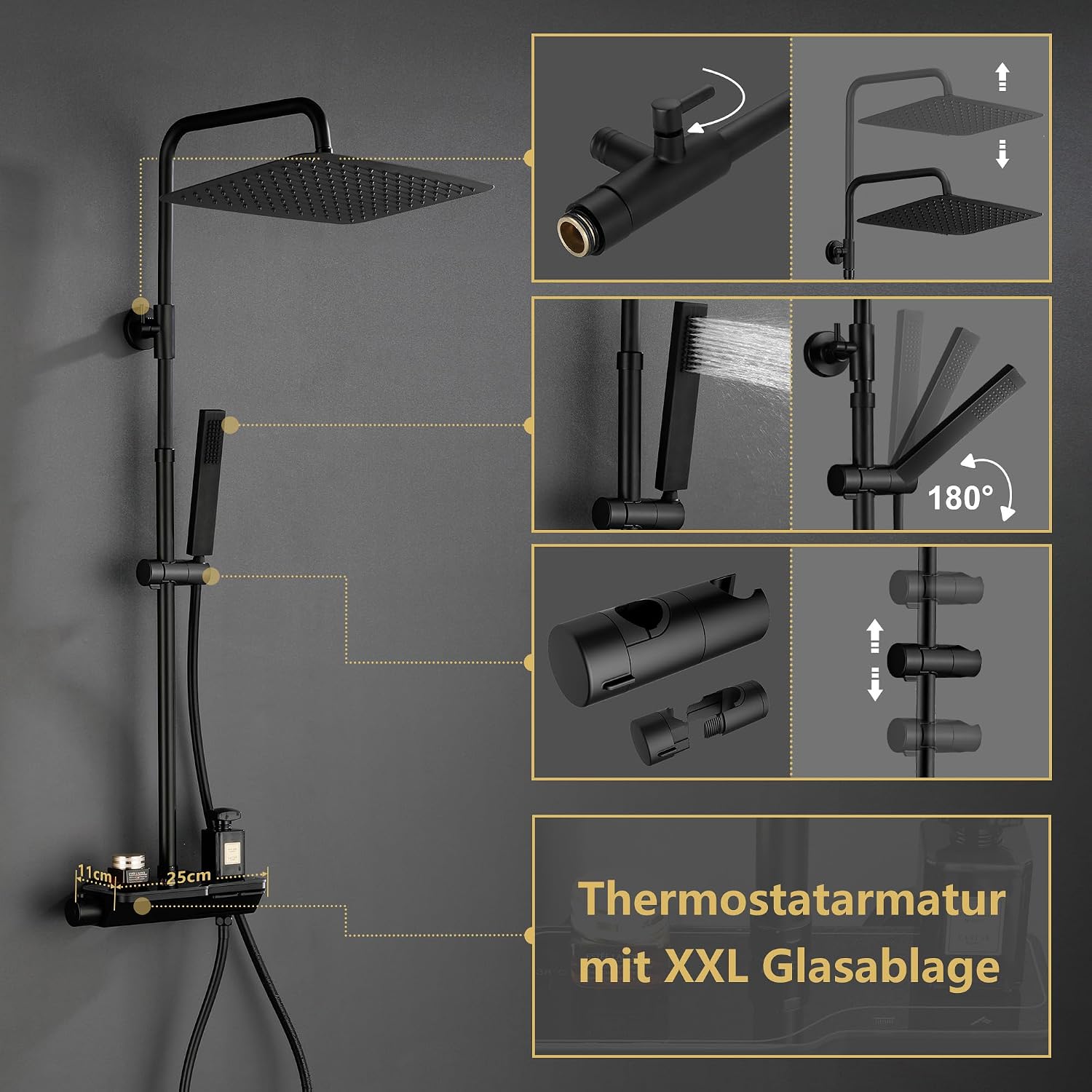 Detalle de Görbach Regendusche Duschsystem Wassersparend: Edelstahl Dusche mit verstellbarer Stange, 35x25 cm Kopfbrause und Thermostat