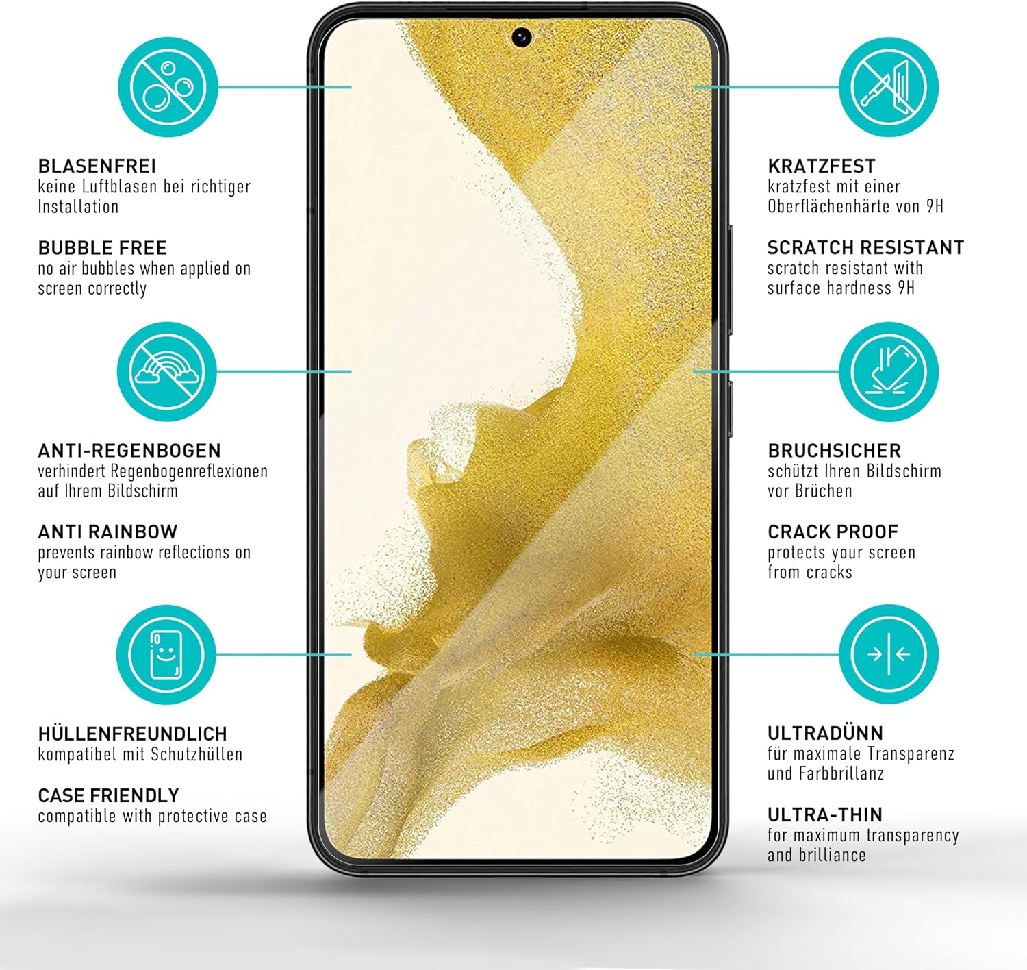 Detalle de SmarTect Glass Screen Protector for Samsung Galaxy S22, 3-Pack, 0.3 mm, 9H