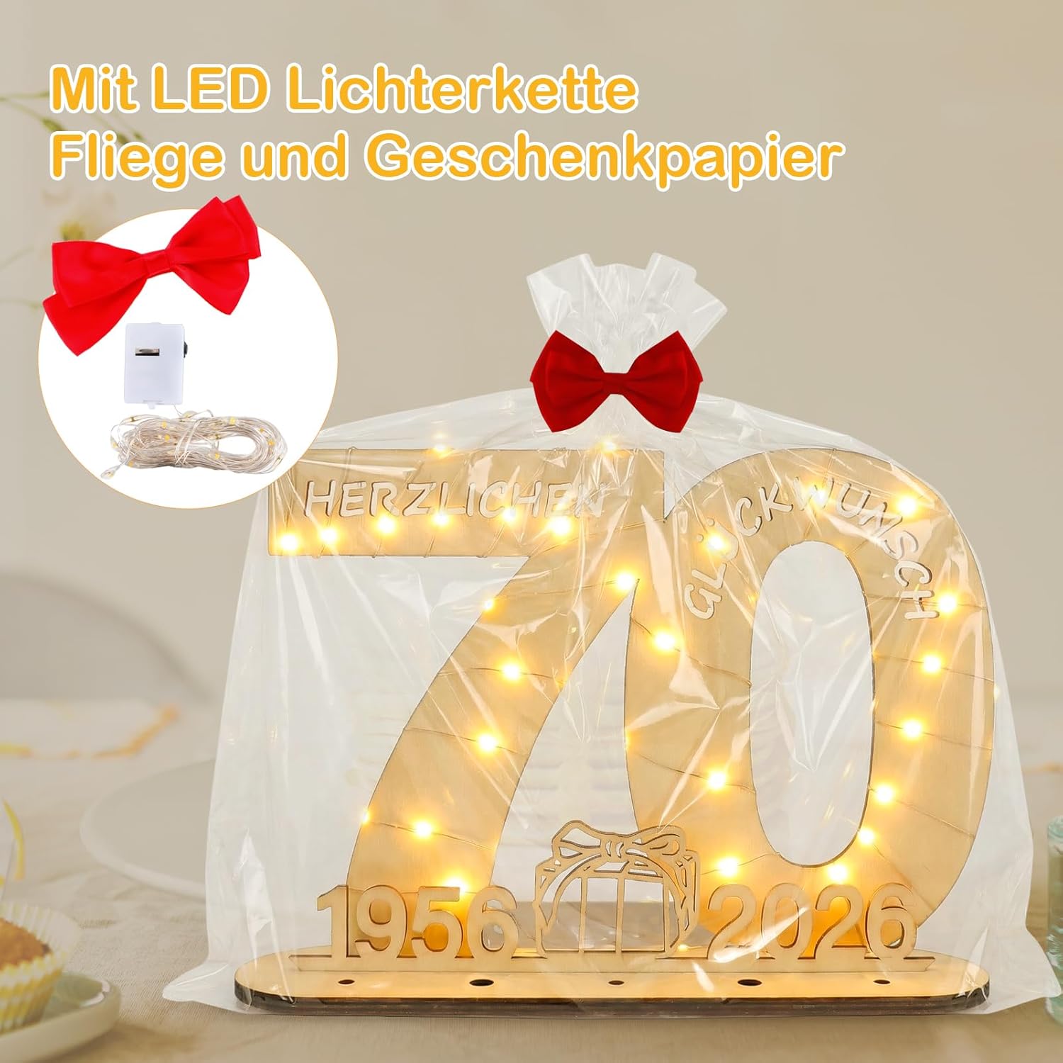 Thumbnail 5 de Seutgjie Geschenk zum 70. Geburtstag: Deko-Holzschild mit LED-Lichterkette, Geldgeschenk & Gästebuch