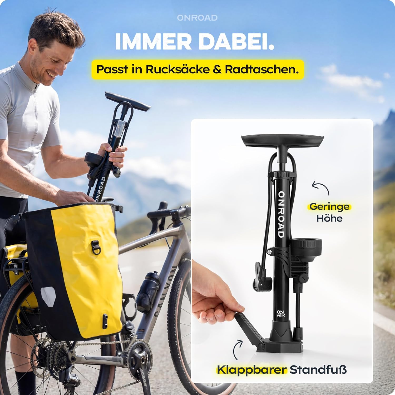 Detalle 2 de ON‑AIR Fahrradpumpe für alle Ventile (Presta/SV, AV, DV) – Standluftpumpe mit großem Manometer, Adapter & Ballnadel