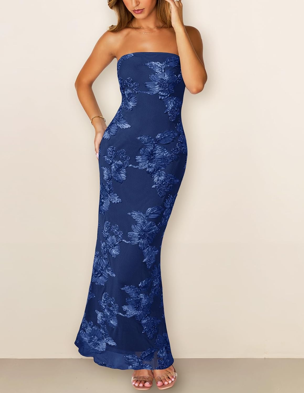 Detalle de MEROKEETY Women's Floral Strapless Maxi Dress (3D Floral Mesh Tube Bodycon)