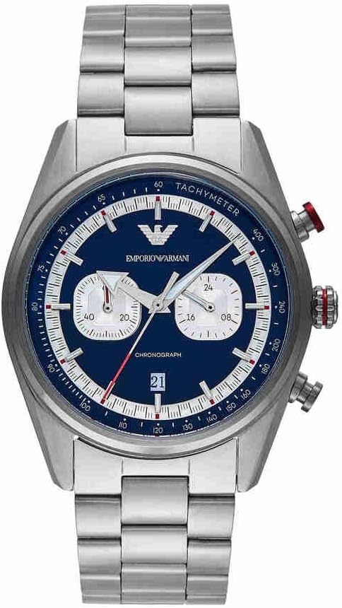 Detalle de Emporio Armani Herrenuhr mit Quarz-Chronograph, 42 mm Edelstahlgehäuse, blaues Zifferblatt, Edelstahlarmband