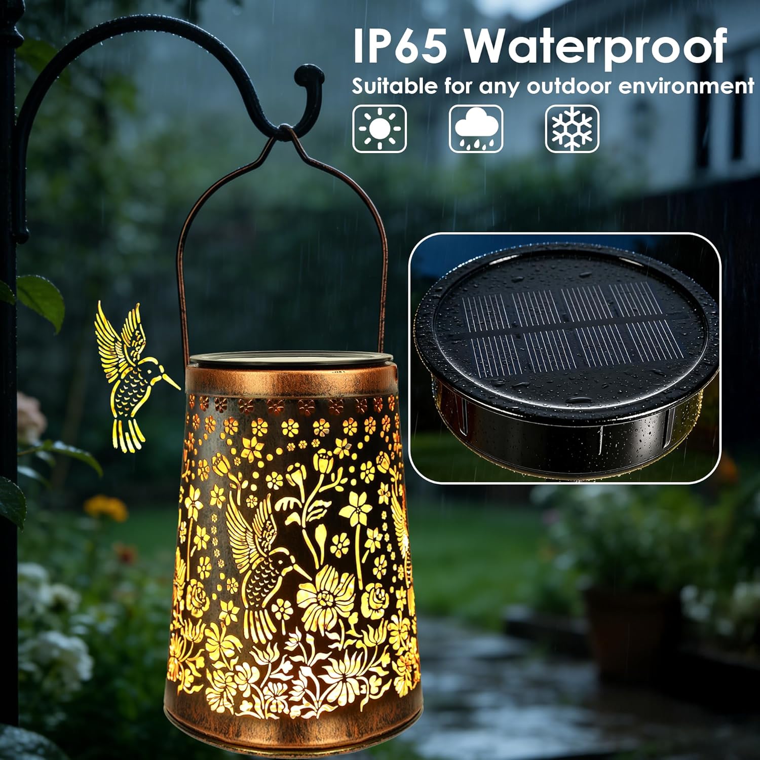 Detalle de Solar Lanterns for Outside – Vintage Hummingbird 2 Pack (IP65, warm shadows) for patio and garden décor