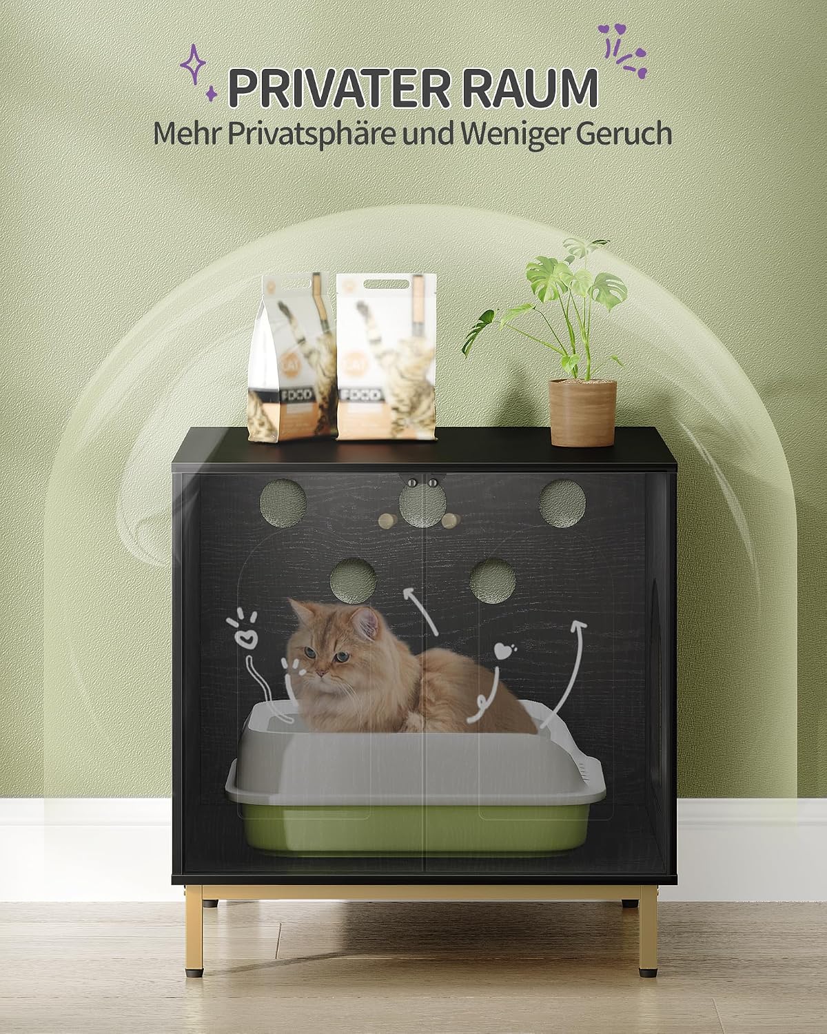 Detalle de Hzuaneri Katzenschrank CB81204G – Katzentoilette, Katzennest & Beistelltisch in Schwarz/Gold