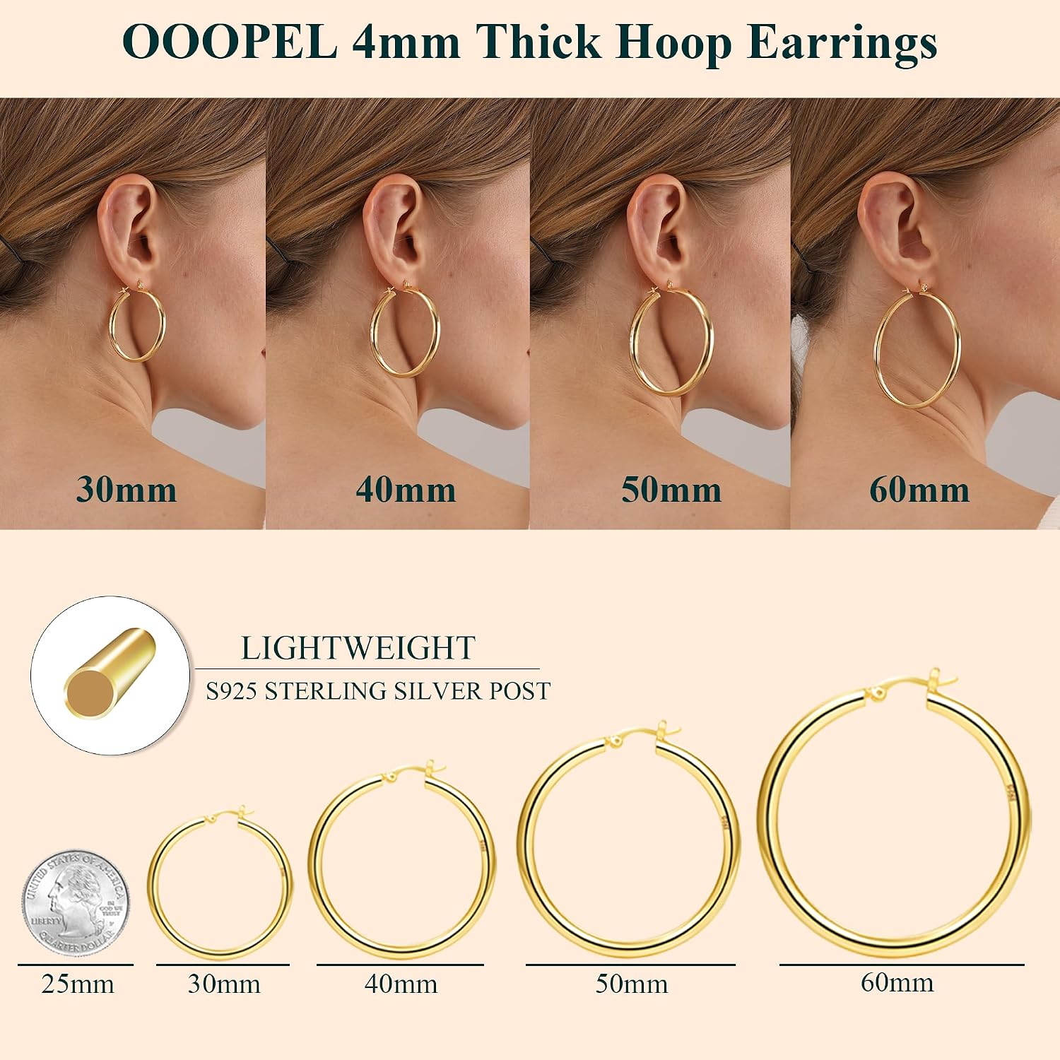 Thumbnail 2 de Chunky 4mm Gold Hoop Earrings 30mm