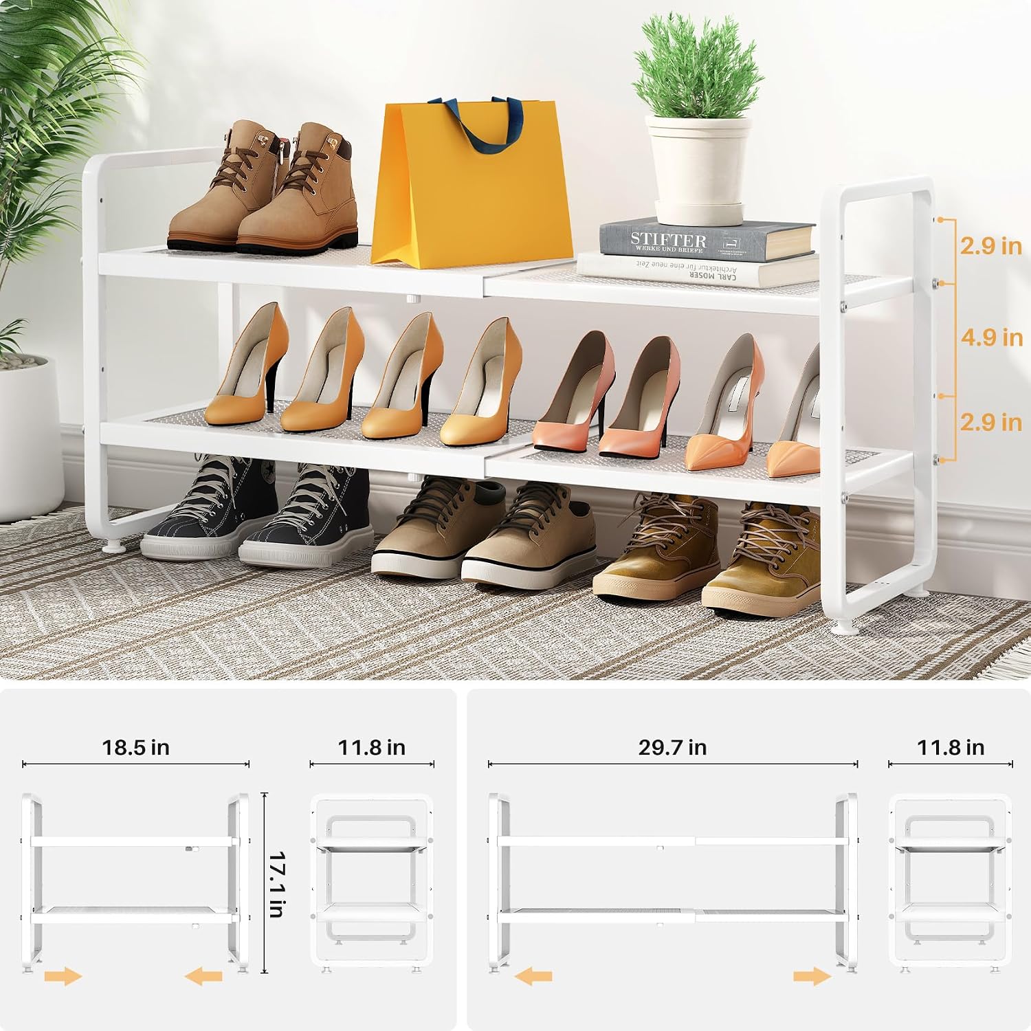 Detalle de SNTD SN-NM-SR-WT-2T-HXJ Expandable 2-Tier Metal Shoe Rack, White