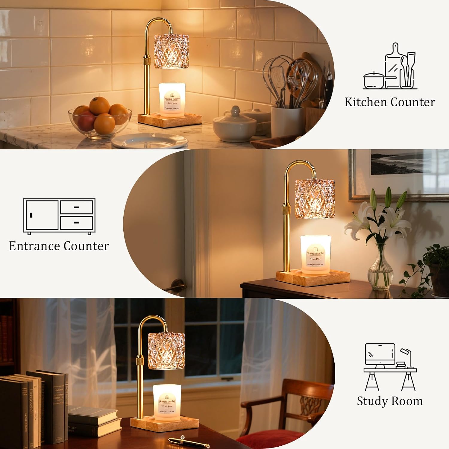 Detalle de Hong-in 6W8Q4 Candle Warmer Lamp with Timer, Adjustable Height and Amber Glass
