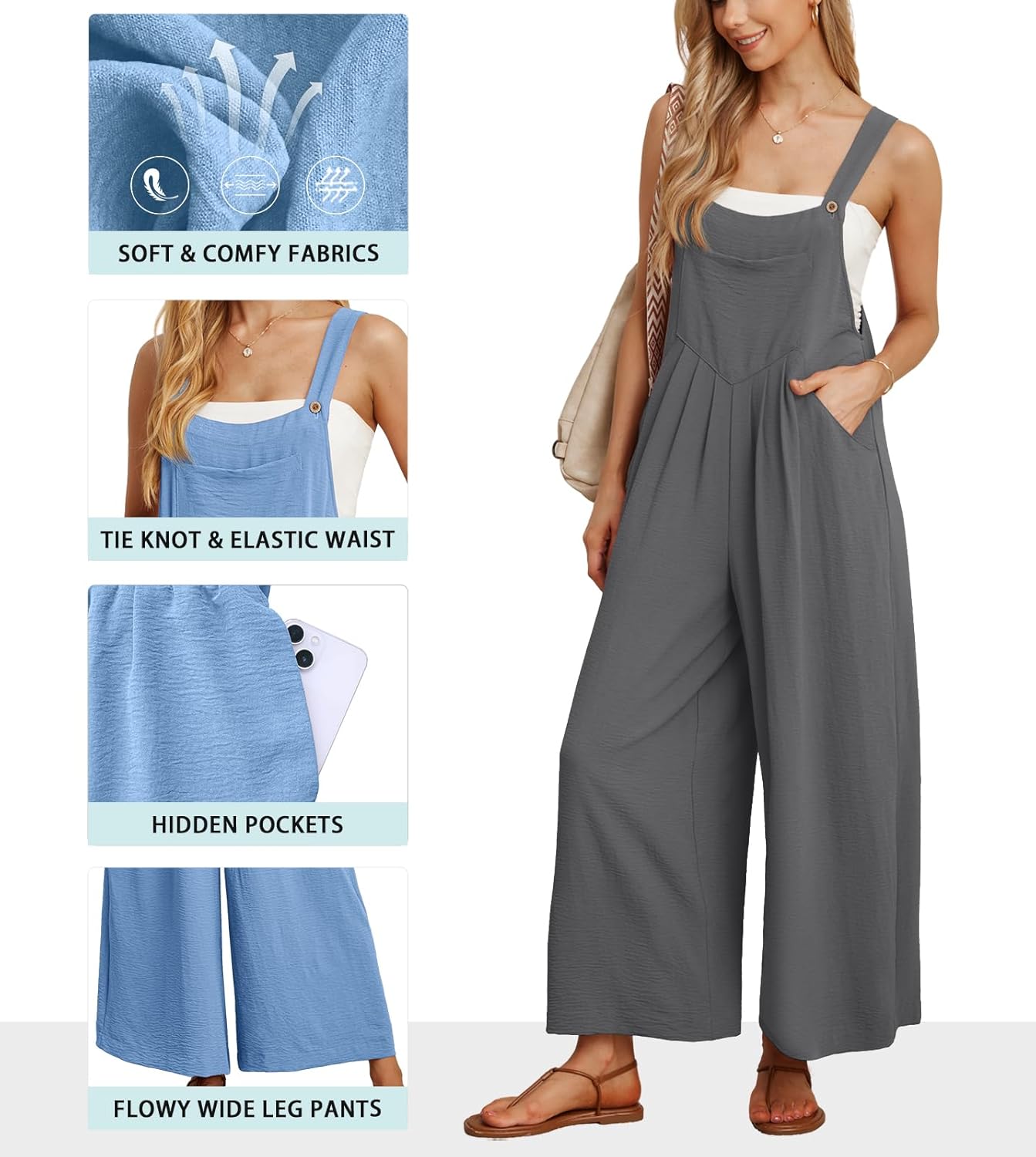 Detalle de IWOLLENCE women’s summer dungarees playsuit with adjustable straps and side pockets