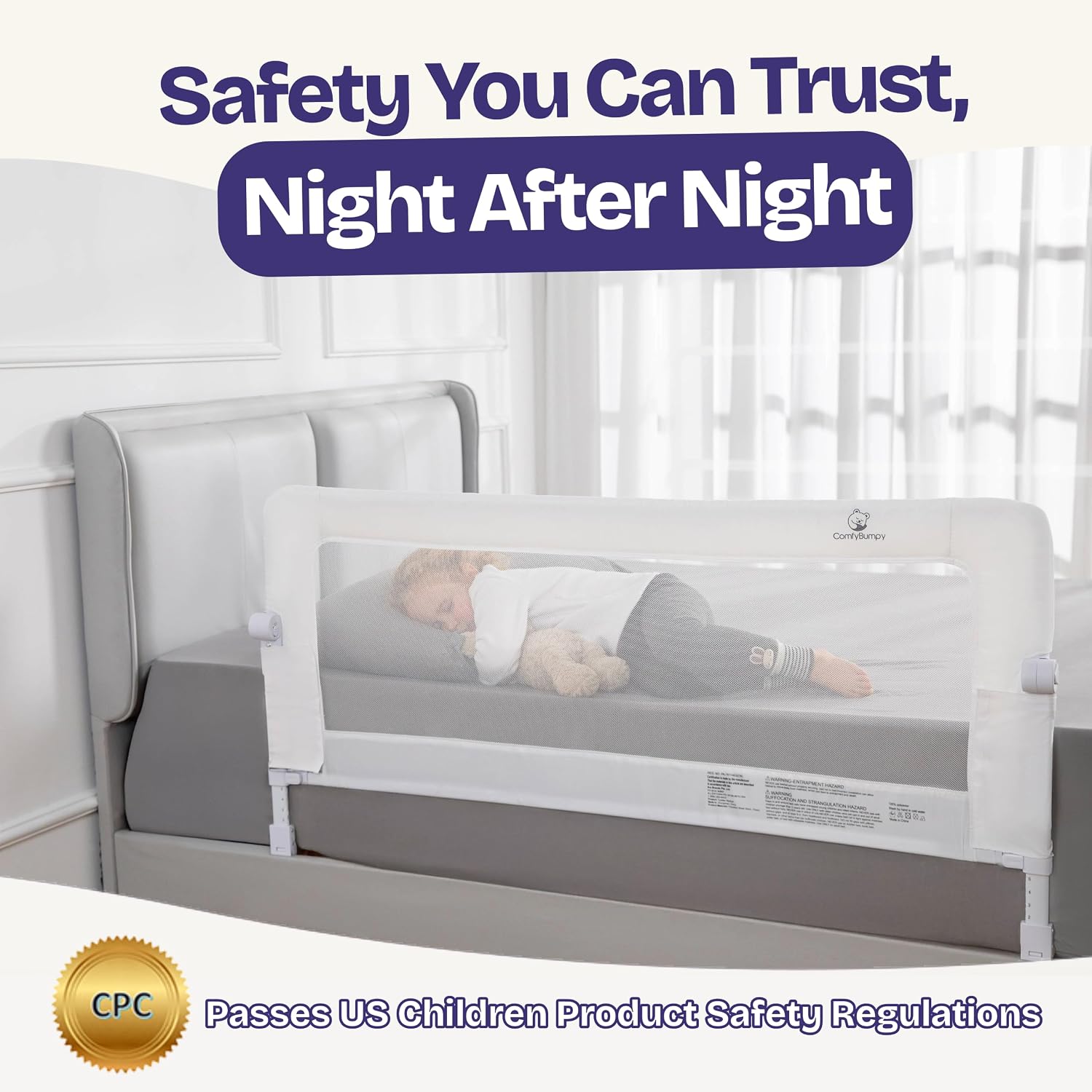 Detalle 2 de ComfyBumpy CFBY12836 Adjustable Toddler Bed Rail, 55.5-Inch Swing-Down Guard