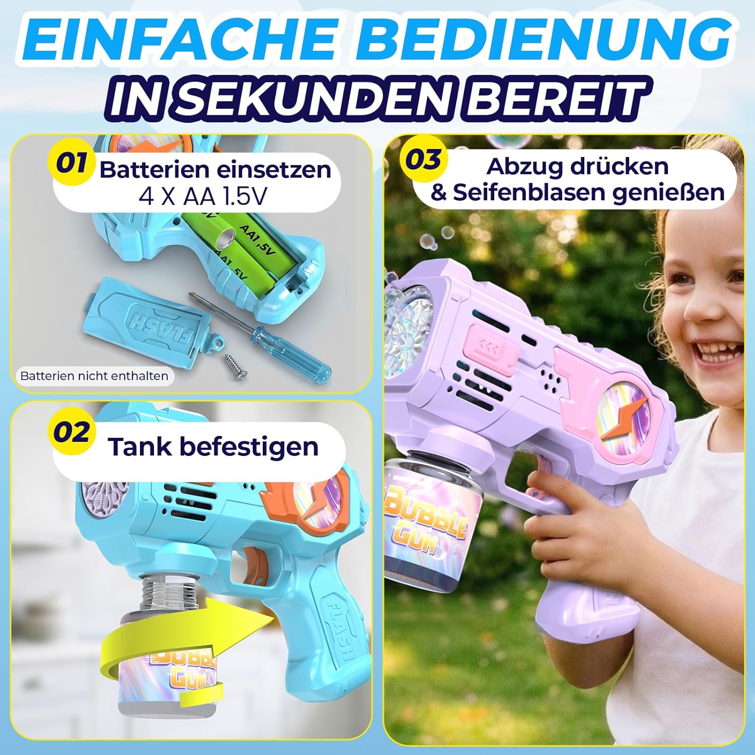 Thumbnail 4 de Blubbel 2X Seifenblasenpistole Set – LED-Schaumbläser mit 80 ml Flüssigkeit und 10000+ Blasen pro Minute