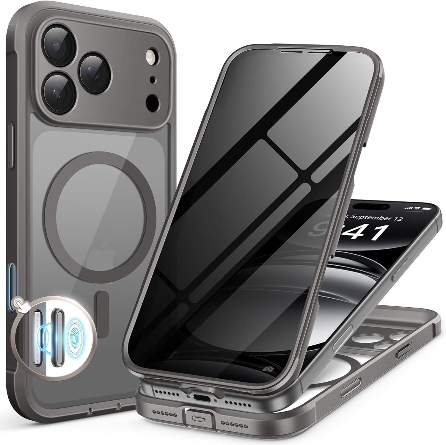 Detalle de BERFY iPhone 17 Pro Max Case with Built-in Privacy Screen — MagSafe Compatible, 360° Shield in Clear Grey