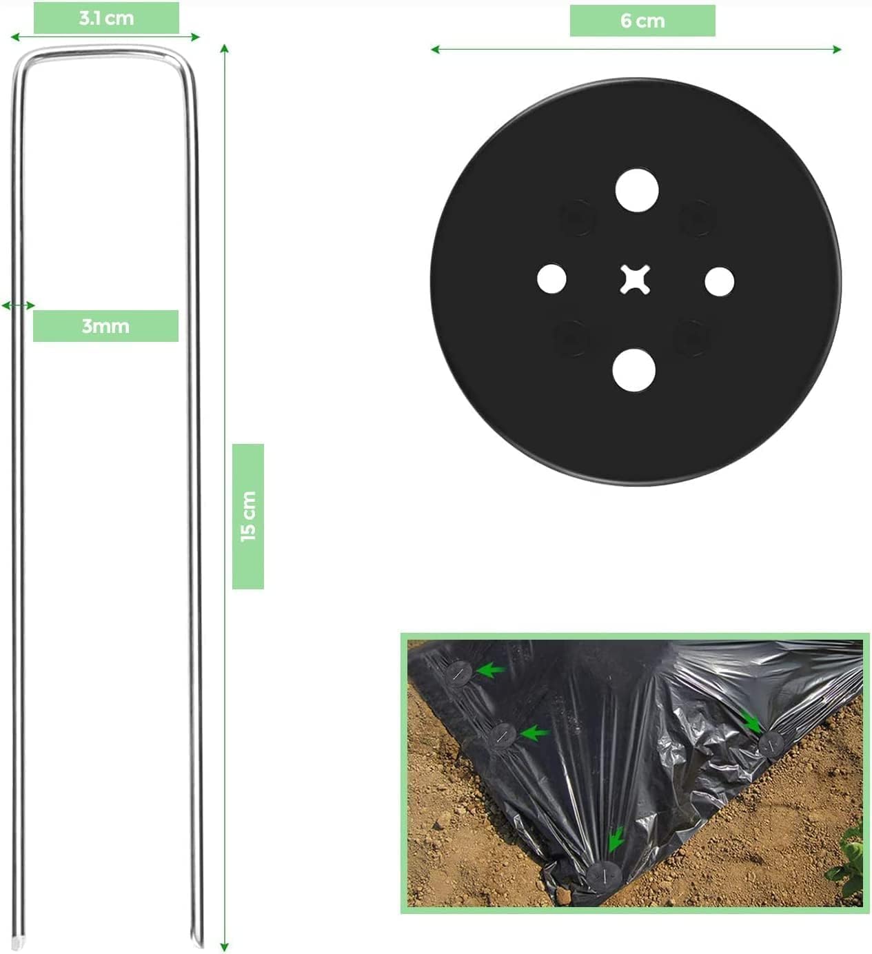 Detalle de Ediesi Weed Membrane Pegs – 100 Pcs + 16 Buffer Washers for Garden, Artificial Grass and Outdoor Fixing