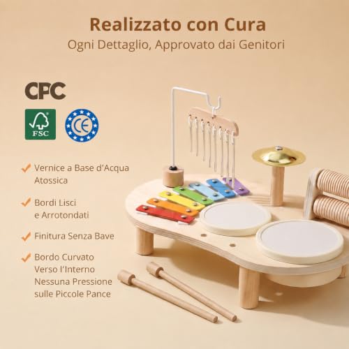 Detalle de Promise Babe Strumenti Musicali in Legno per Bambini da 1 a 3 Anni – Batteria Montessori con Xilofono, Tamburi e Percussioni