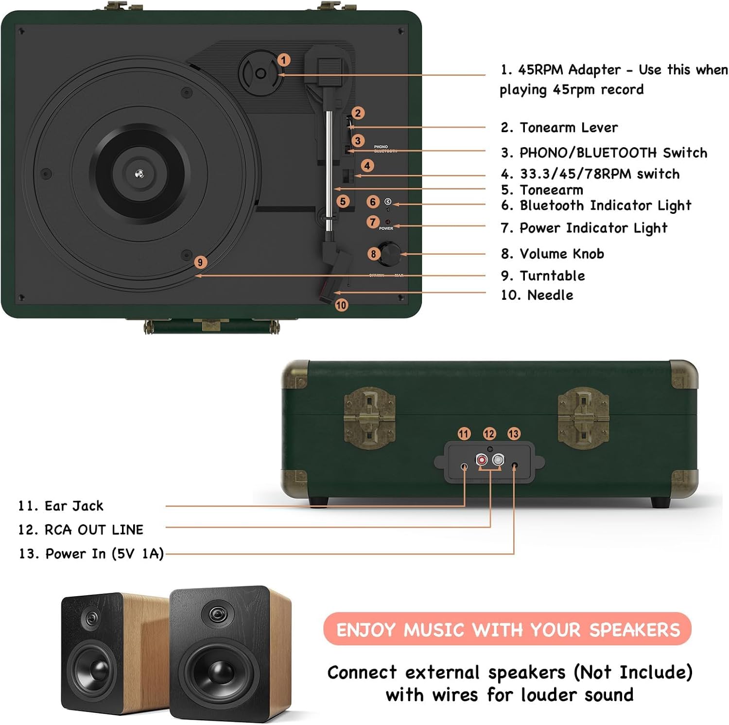 Thumbnail 6 de RetroAudio 3-Speed Belt-Driven Suitcase Record Player with Bluetooth