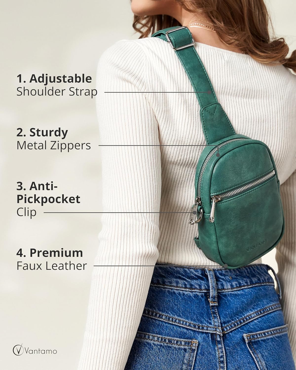 Detalle de Vantamo RFID Blocking Crossbody Bag for Women – Vegan Leather Sling with Anti-Pickpocket Clip
