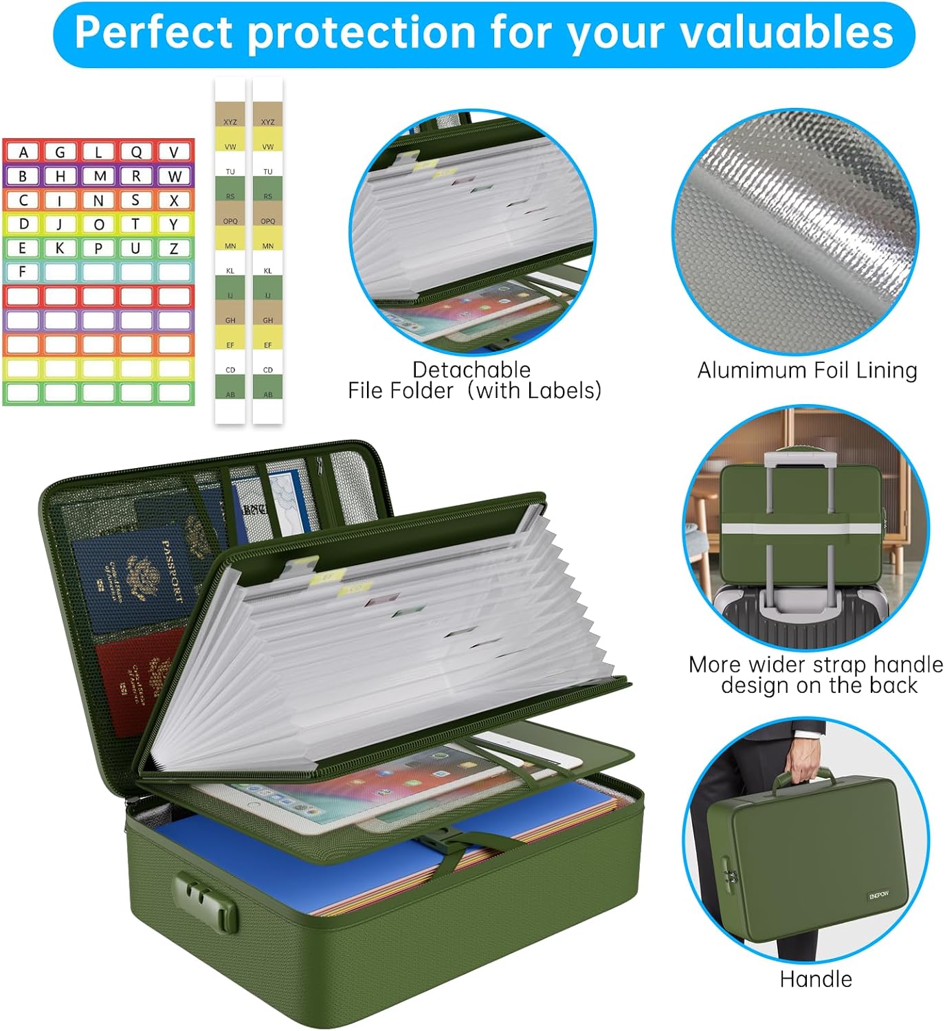 Detalle 1 de ENGPOW EG101 Fireproof Document Organizer Bag with Lock and 13-Pocket File Folder