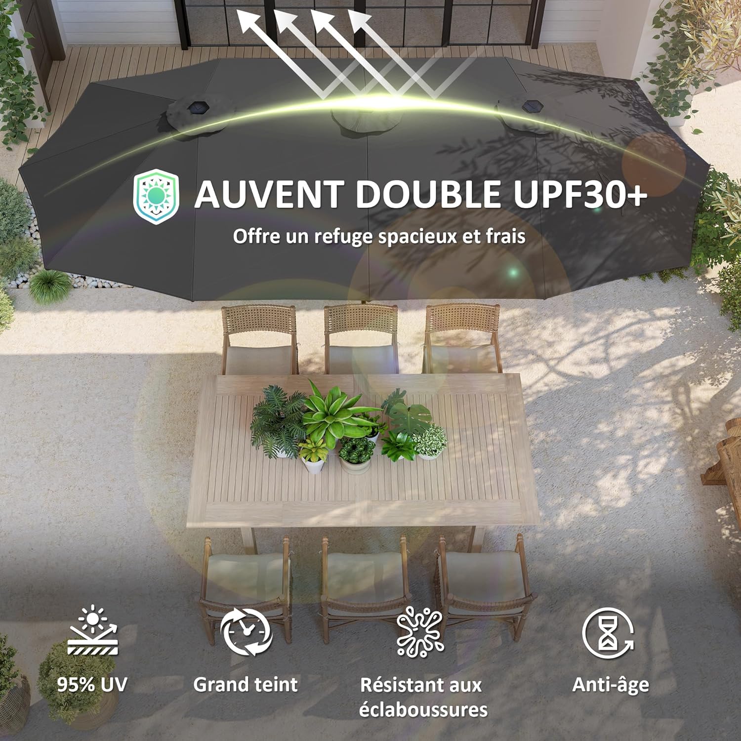 Thumbnail 2 de Outsunny Parasol de jardin extérieur double rectangulaire 4 x 2,2 x 2,34 m – manivelle