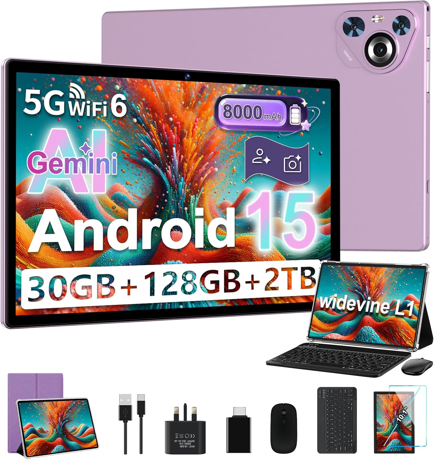 Detalle de JUSYEA 2026 Tablet 10 Inch Android 15 + Gemini AI, 30GB RAM, 128GB ROM, TF 2TB, 8000mAh – Purple (Mouse & Keyboard Set)