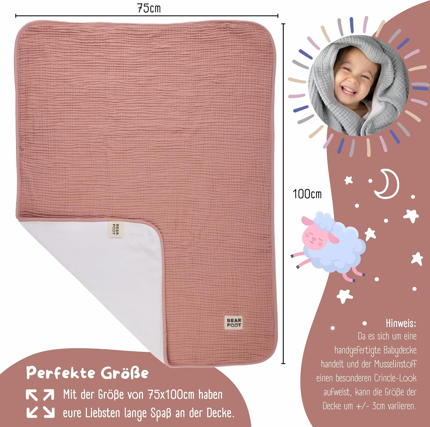 Thumbnail 1 de BEARFOOT Babydecke Musselin-Fleece (Baumwolle/Fleece) in Dusty Rose – 2-seitig für Neugeborene